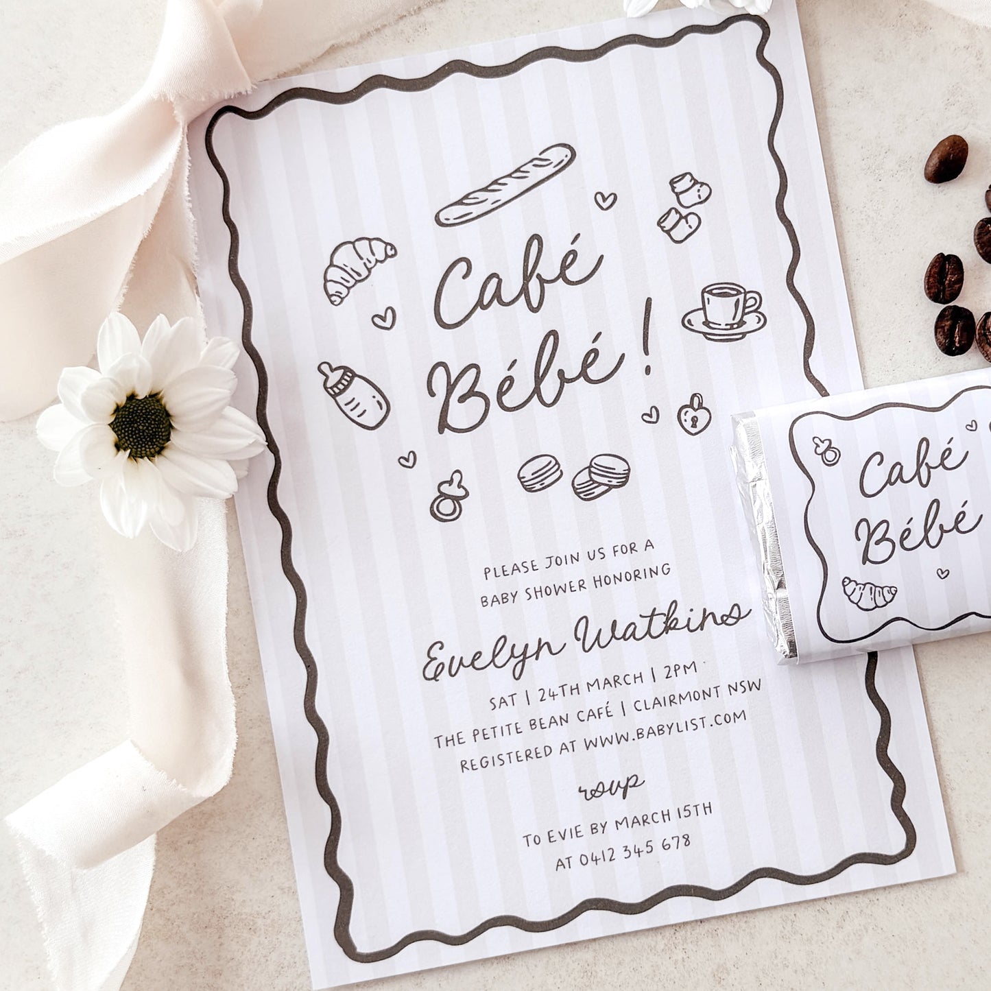 Cafe Bebe Beige Baby Shower Invitation (Printed) – French Baby Shower Invite Australia