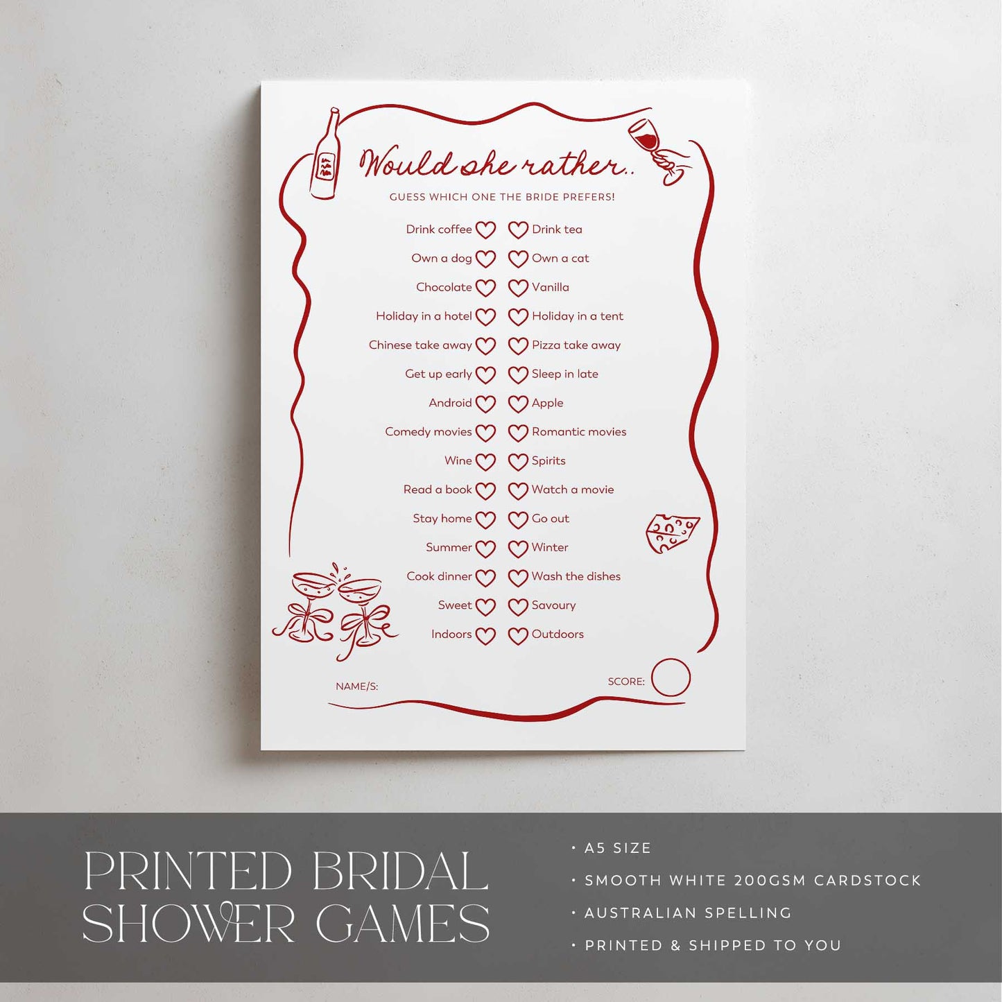 Bridal shower game card with red text and design on a white background