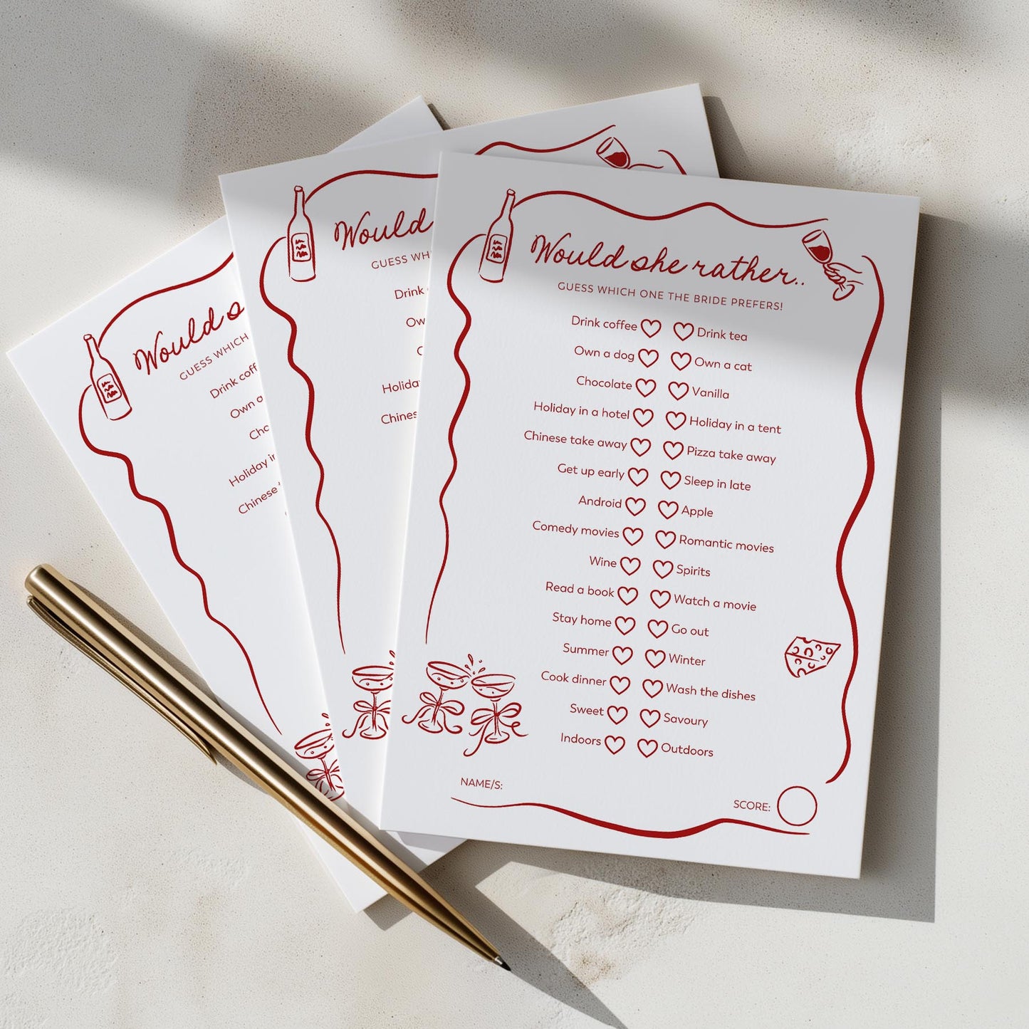 Printed Would She Rather - That's Amore | Bridal Shower Games Australia