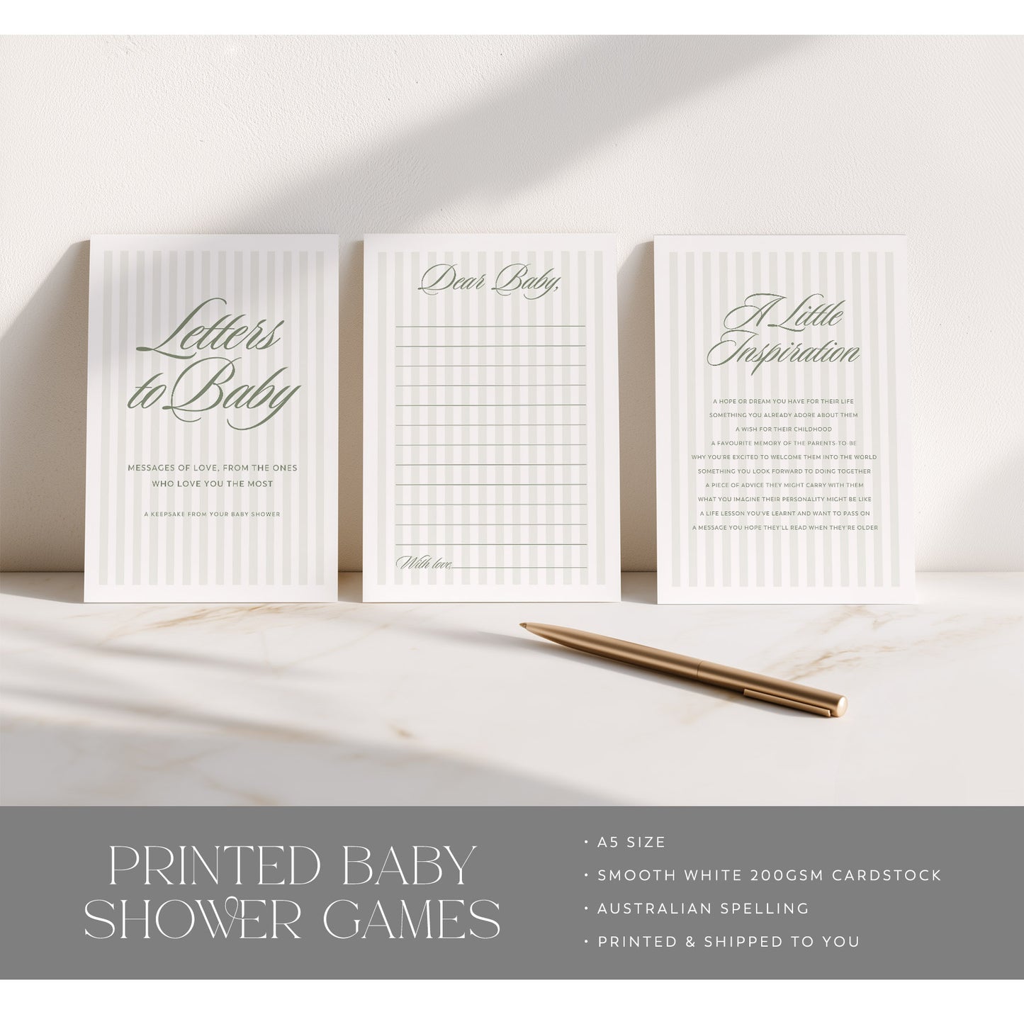 Set of printed baby shower games with a pen on a light surface, featuring the brand 'Little Sorree'.