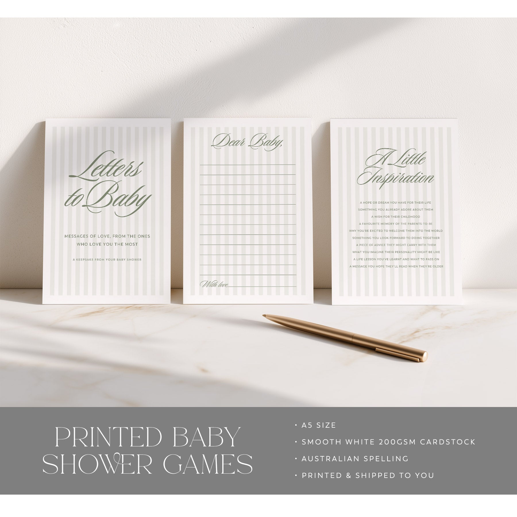 Set of printed baby shower games with a pen on a light surface, featuring the brand 'Little Sorree'.