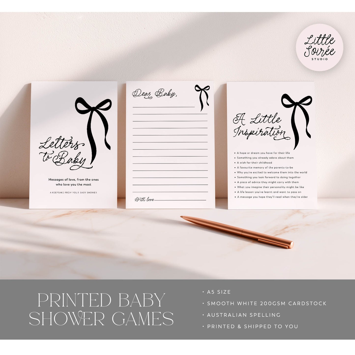 Set of printed black bow baby shower games with a pen on a light background, featuring the brand 'Little Soiree'.