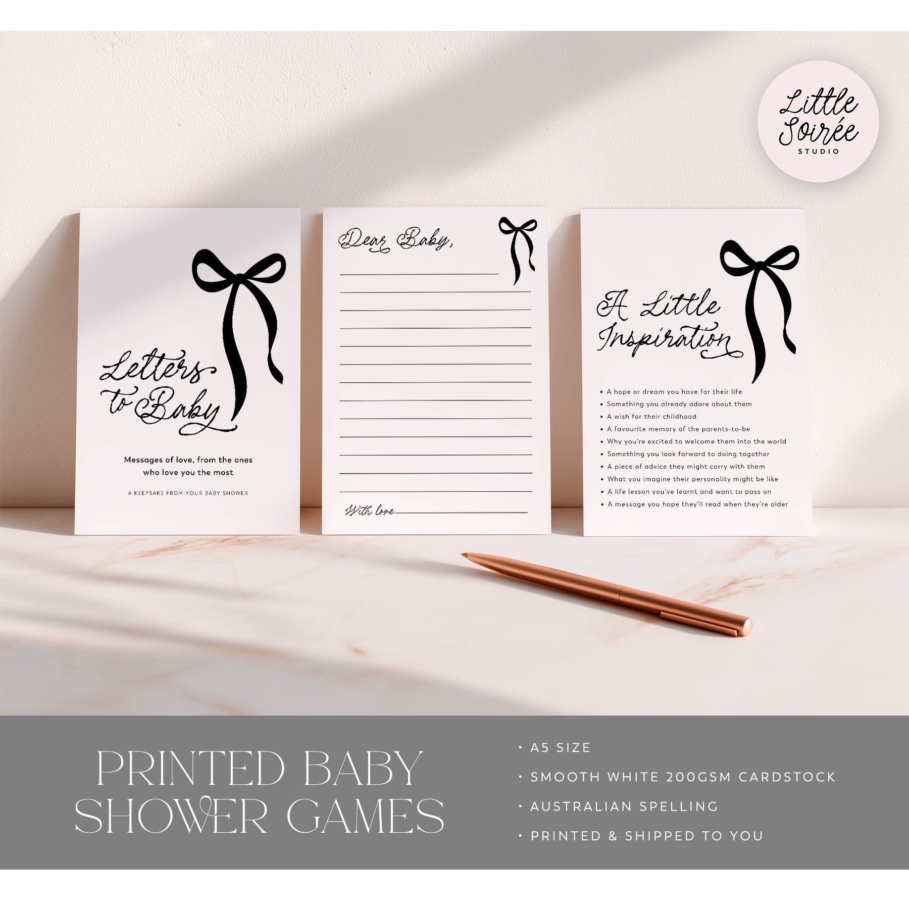 Set of printed black bow baby shower games with a pen on a light background, featuring the brand 'Little Soiree'.