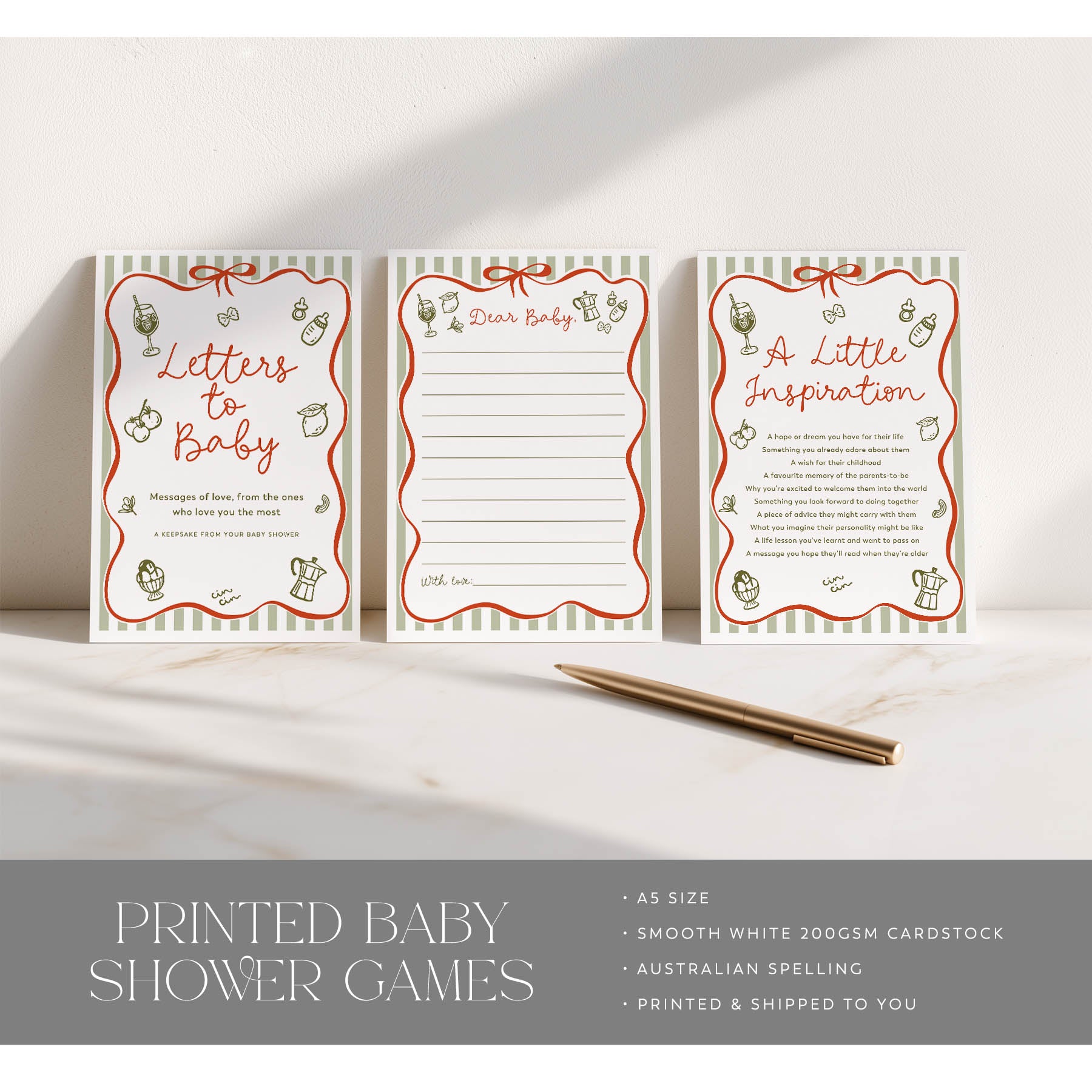 Three printed baby shower games on a white surface with a pen. ciao baby red green design