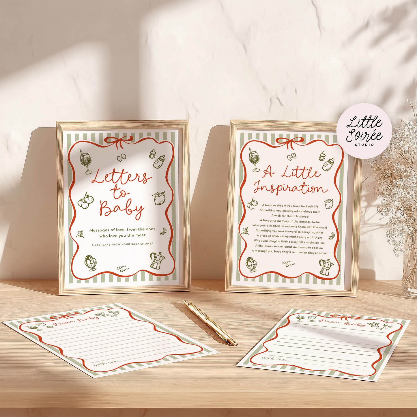 Framed prints and stationery items on a wooden surface with 'Little Sorrell Studio' branding.