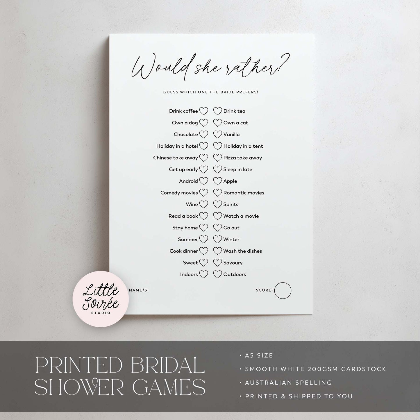 Bridal shower game card with options for the bride to choose from, on a gray background.