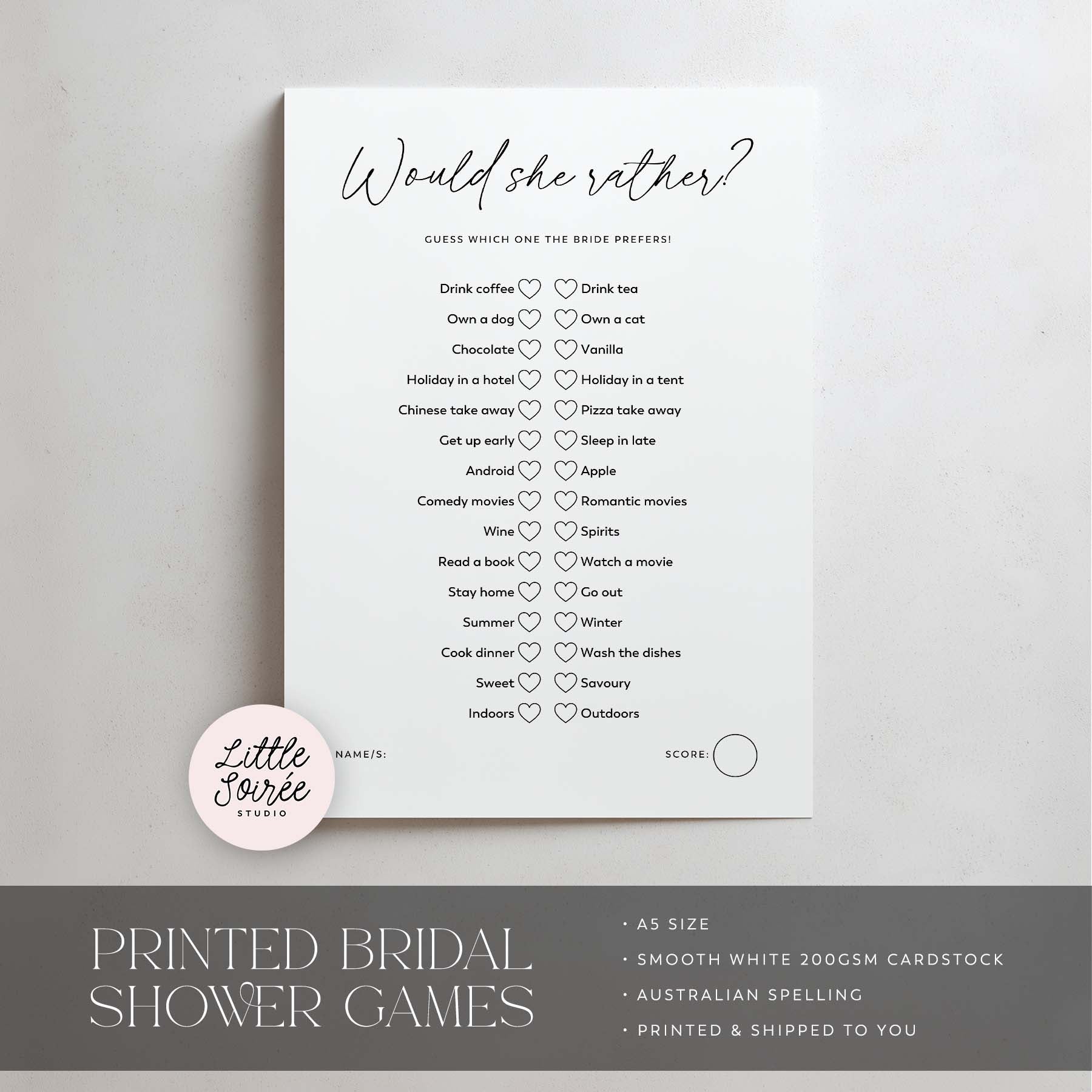 Bridal shower game card with options for the bride to choose from, on a gray background.