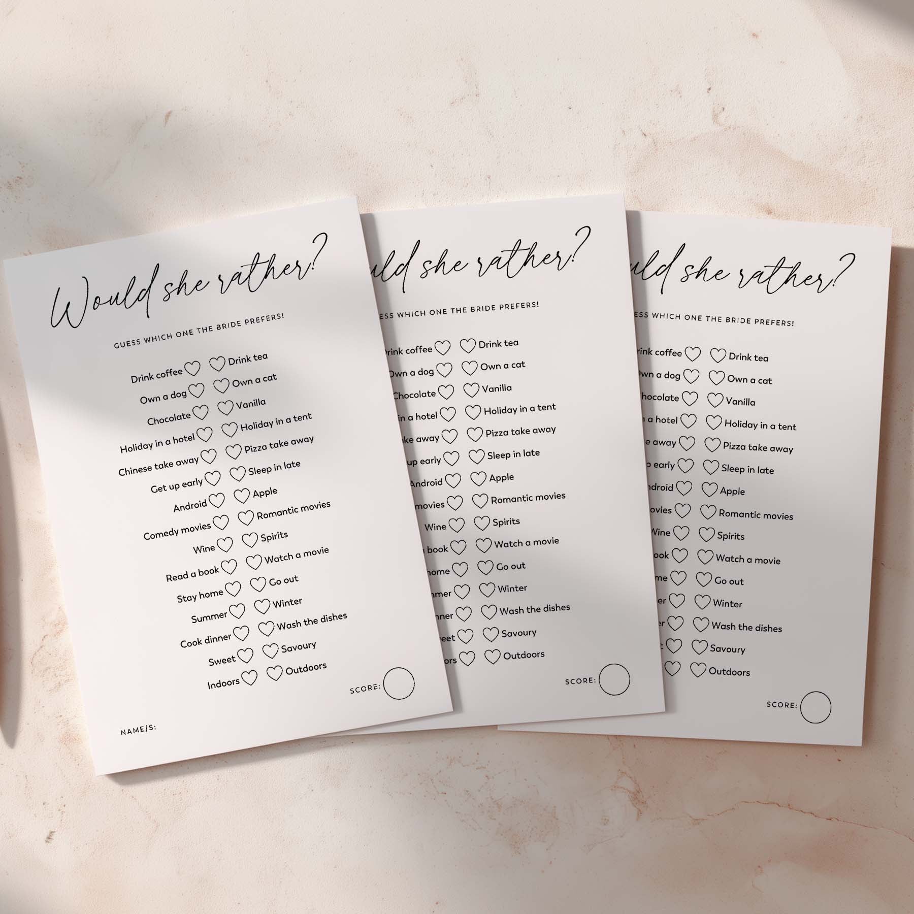 Three 'Would she rather?' question cards on a light background