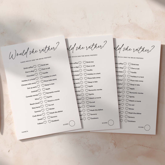 Three 'Would she rather?' question cards on a light background