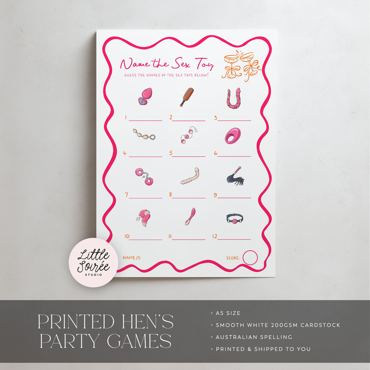 A printed party game card titled 'Name the Sex Toy' with pink wavy border lines, numbered illustrations, and blank lines for writing answers. A round 'Little Soiree Studio' logo badge appears near the lower left of the card, and a dark gray banner at the bottom reads 'PRINTED HEN'S PARTY GAMES' with additional product details.
