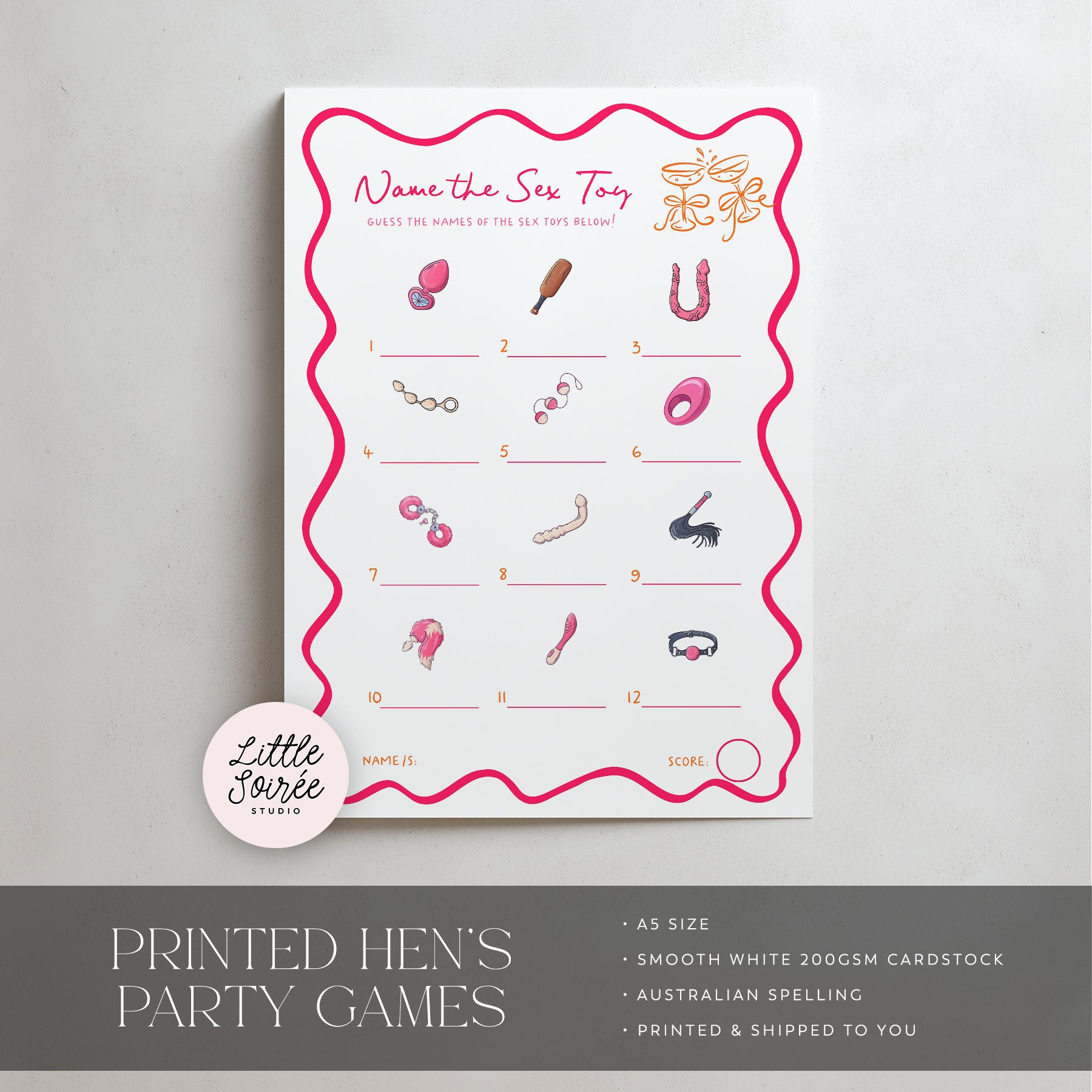 A printed party game card titled 'Name the Sex Toy' with pink wavy border lines, numbered illustrations, and blank lines for writing answers. A round 'Little Soiree Studio' logo badge appears near the lower left of the card, and a dark gray banner at the bottom reads 'PRINTED HEN'S PARTY GAMES' with additional product details.