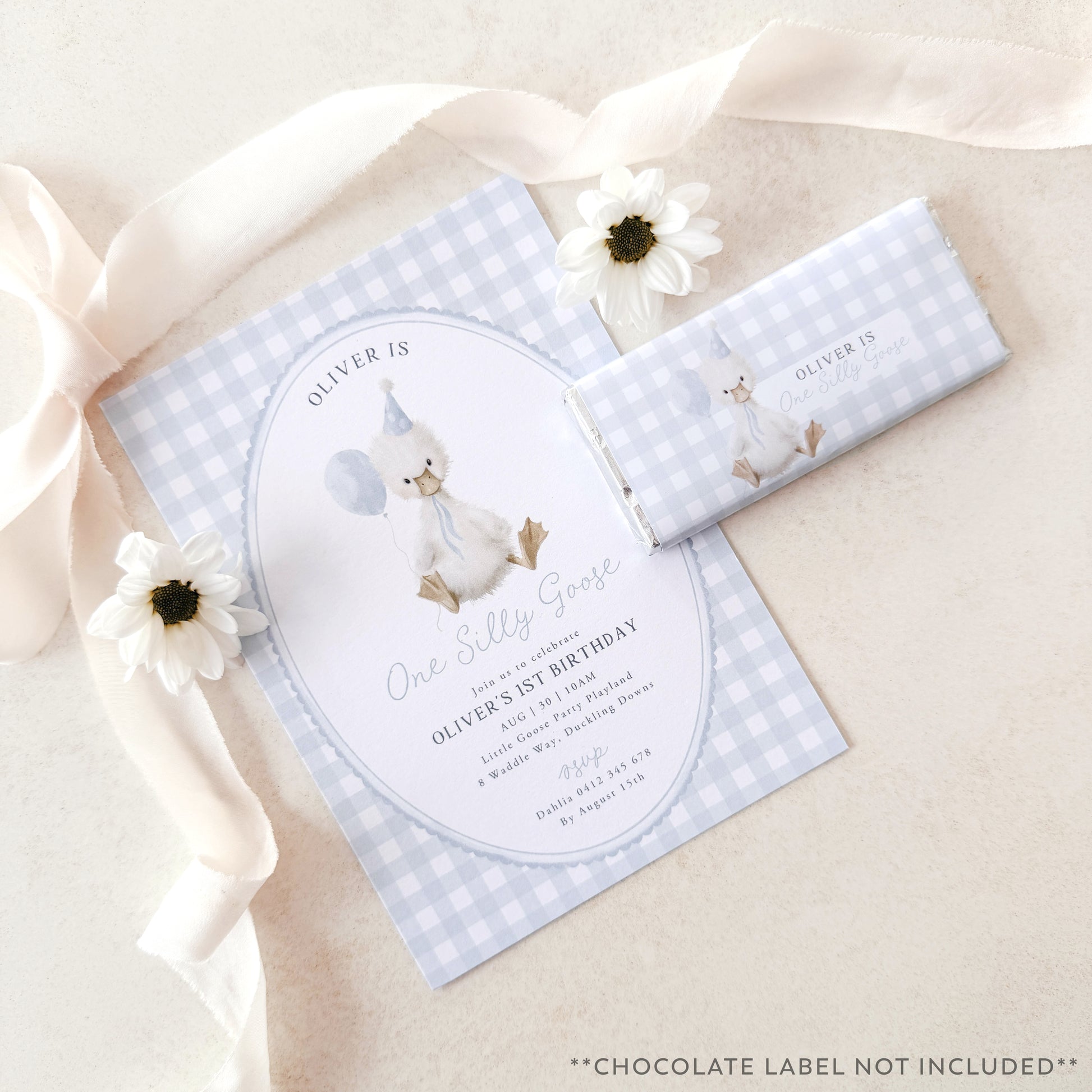 Invitation card with cartoon goose design on a checkered background