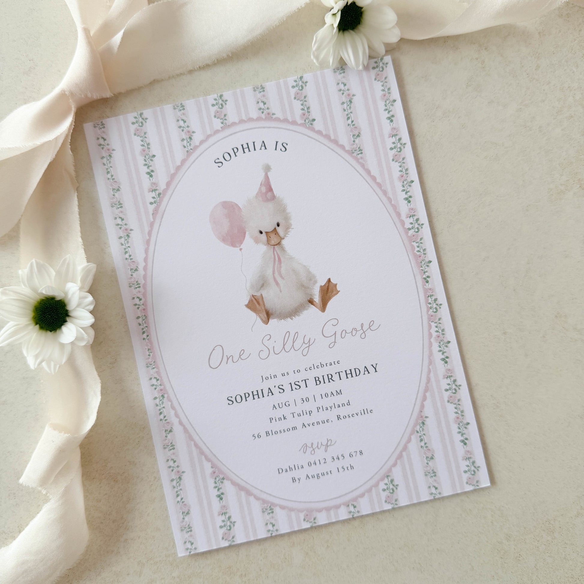 Invitation card for a child's birthday party with a cartoon goose design on a light background.