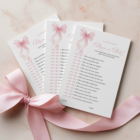 Printed Guess Who Baby Shower Game – Pink Bow | Baby Shower Games Australia
