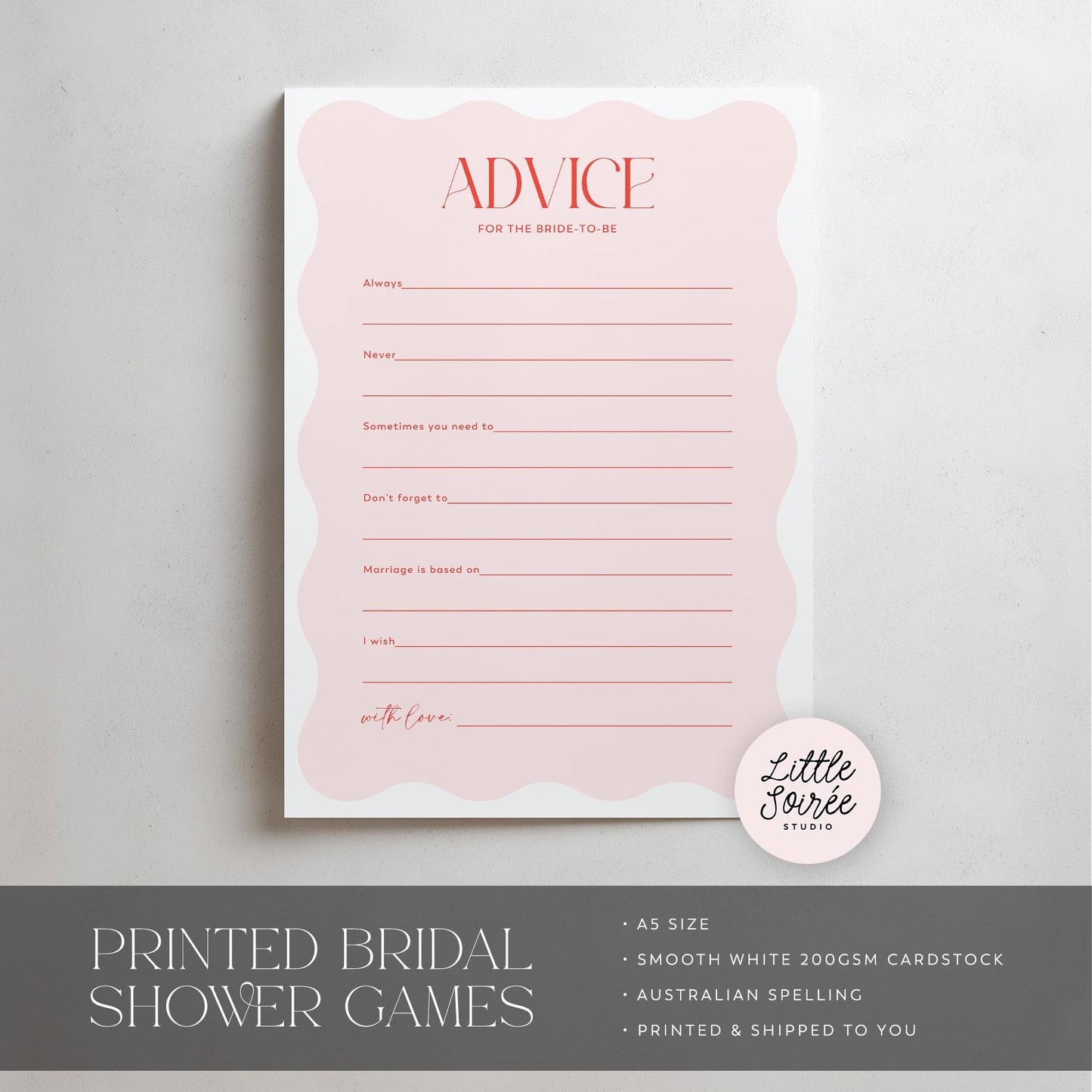 Bridal shower game card with 'Advice for the bride to be' text on a light gray background.