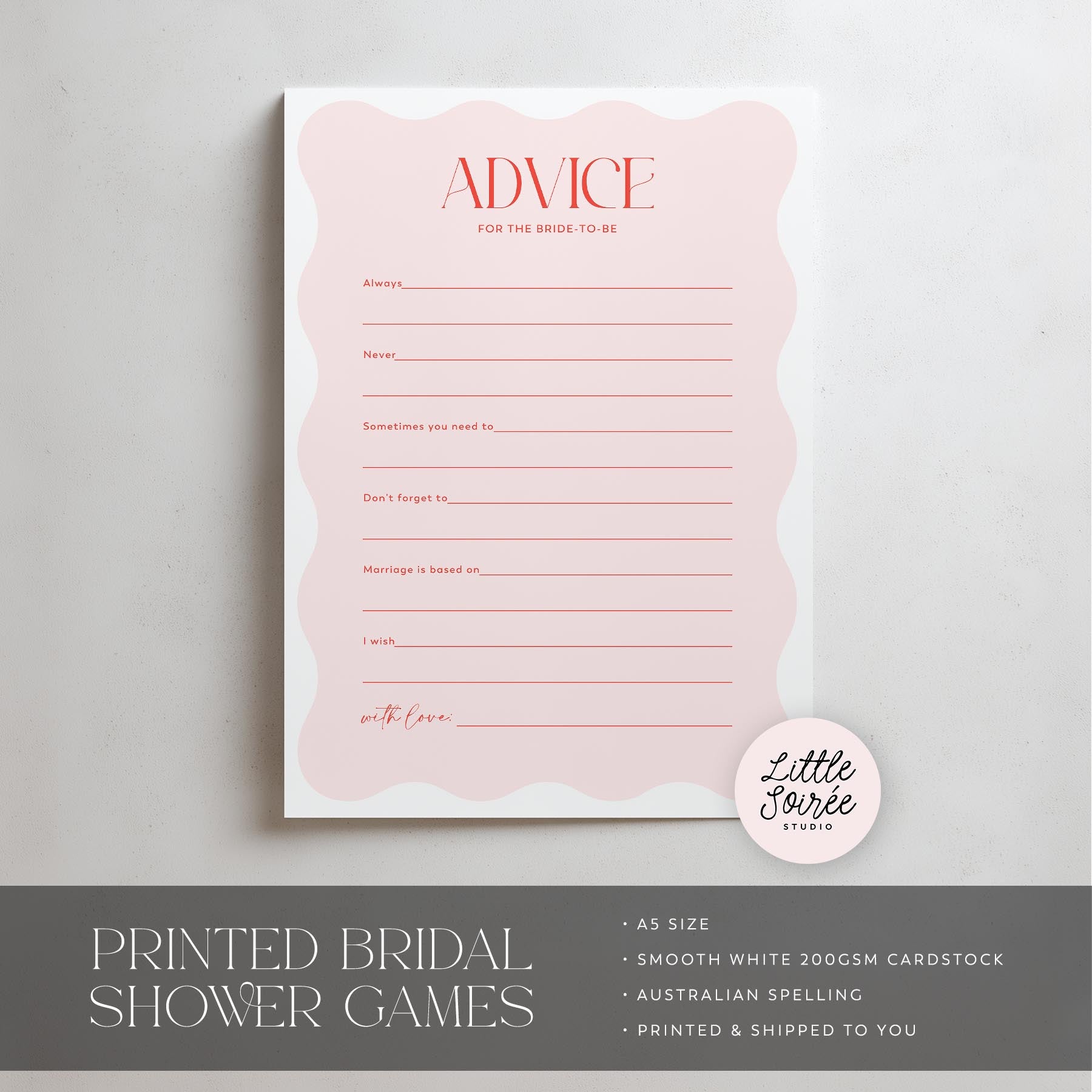 Bridal shower game card with 'Advice for the bride to be' text on a light gray background.
