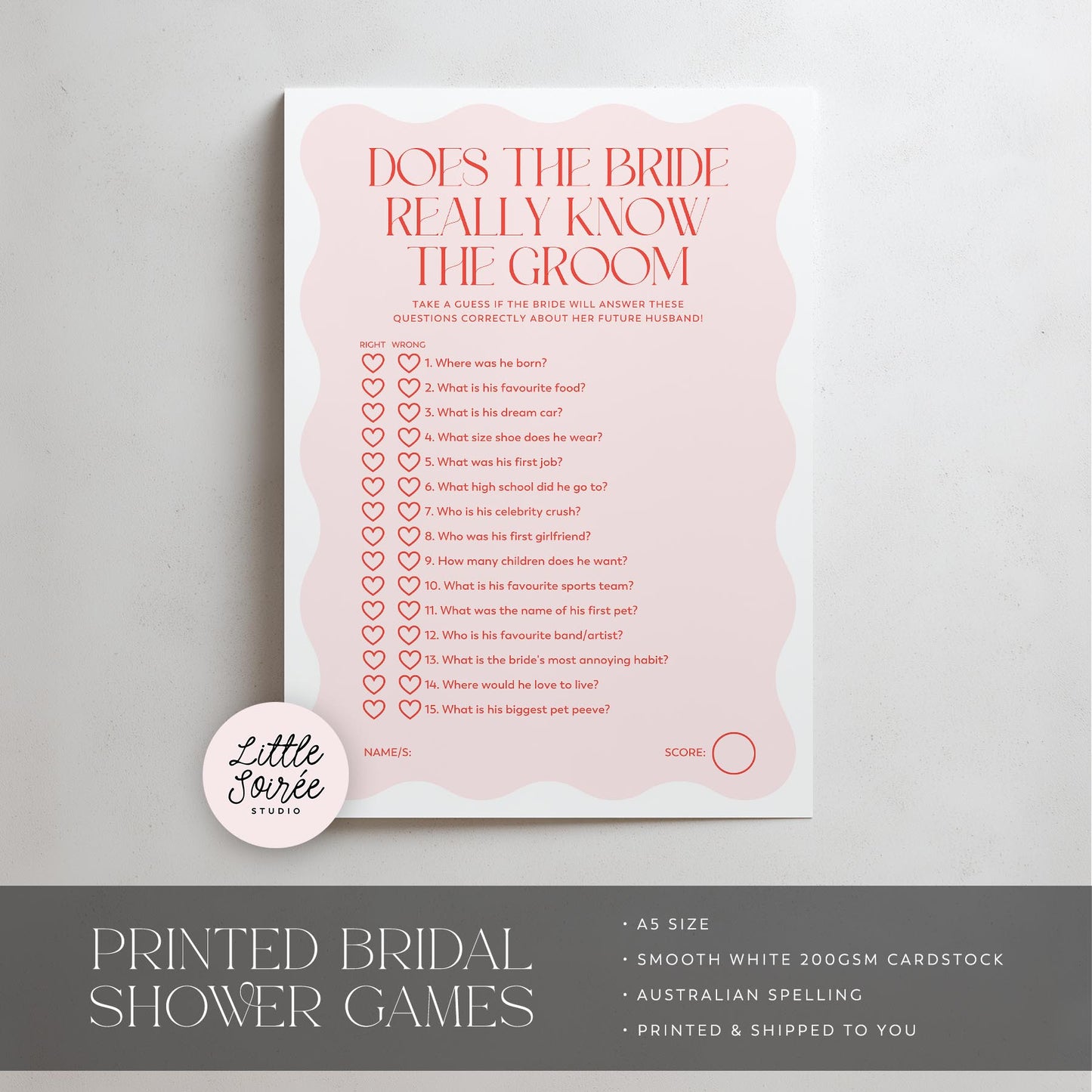 Printed Does the Bride Know the Groom - Pink Red Wavy | Bridal Shower Games Australia