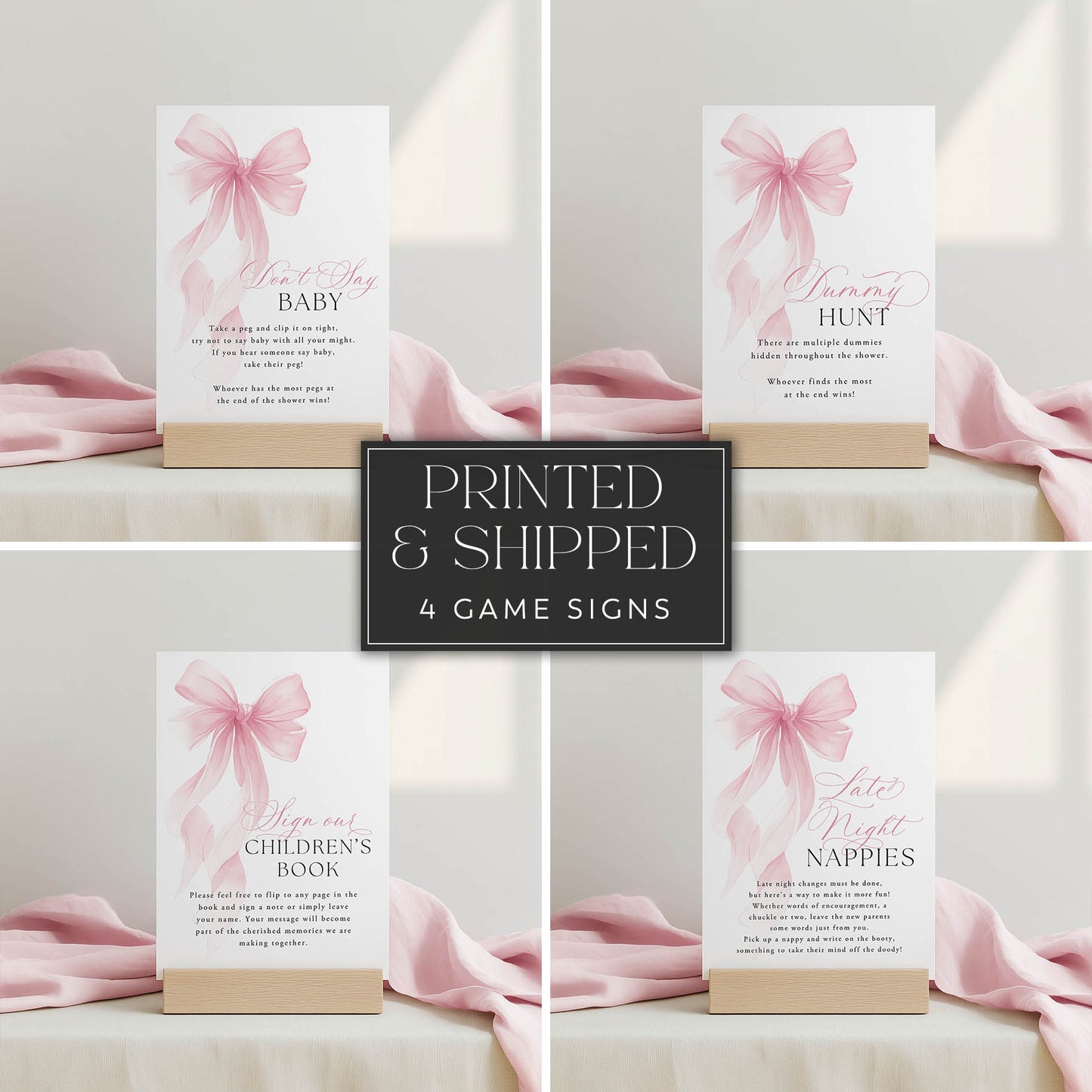Set of four game signs with pink bows and text on a light background