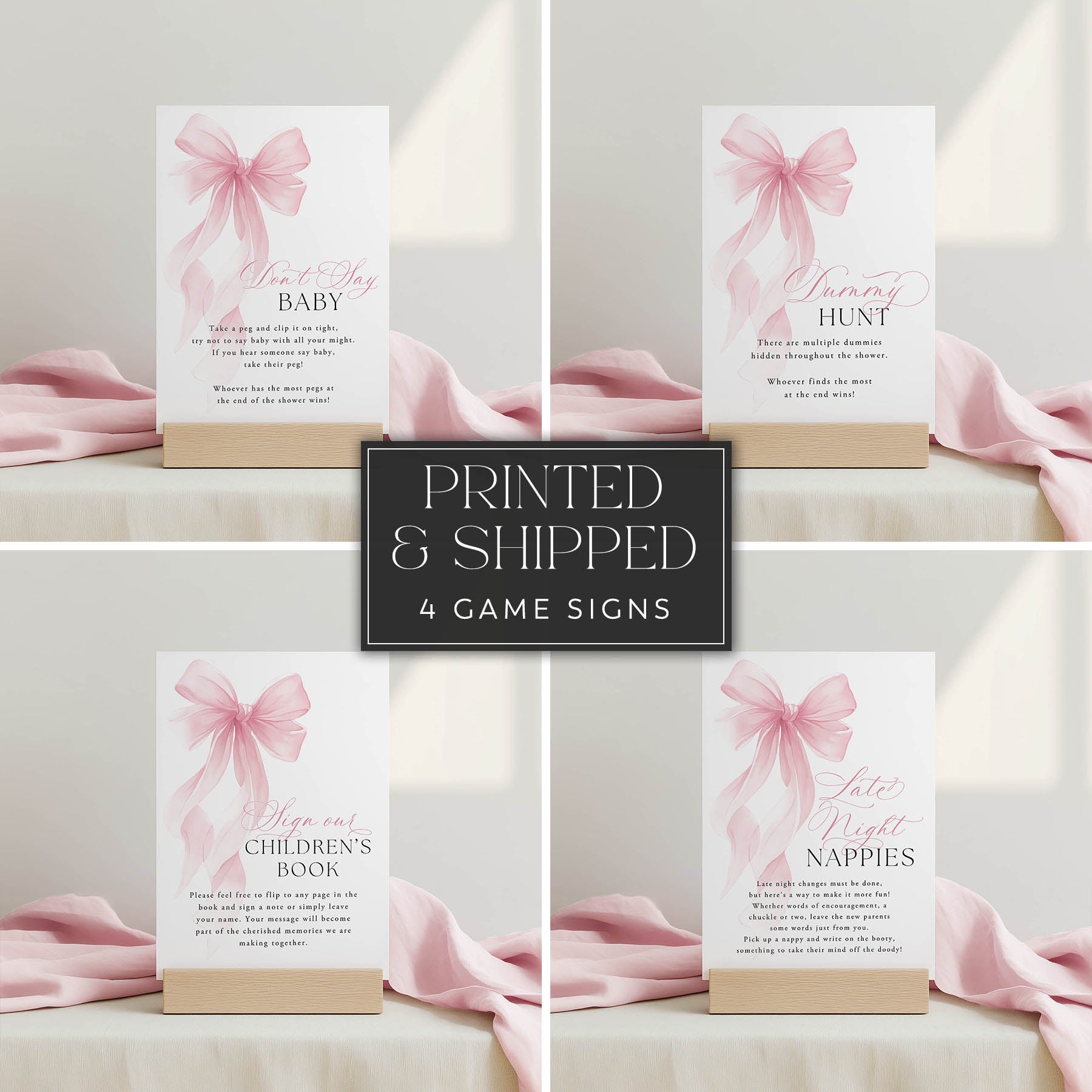Set of four game signs with pink bows and text on a light background
