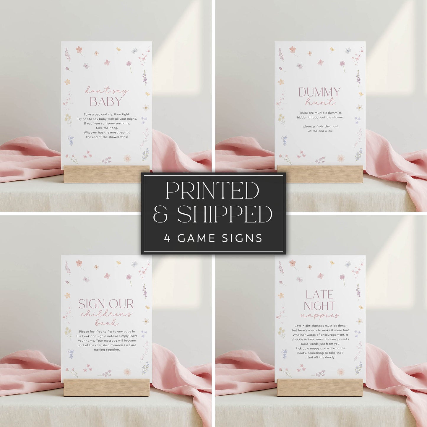 Set of four baby shower game signs with pink ribbons on a neutral background