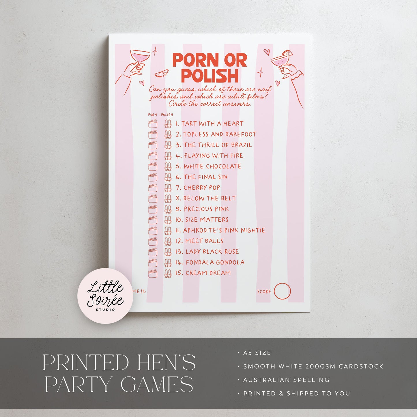 A pink and white 'Porn or Polish' party game printed card shown on a light gray background, with a circular 'Little Soiree Studio' logo sticker and a dark gray banner at the bottom containing product details.