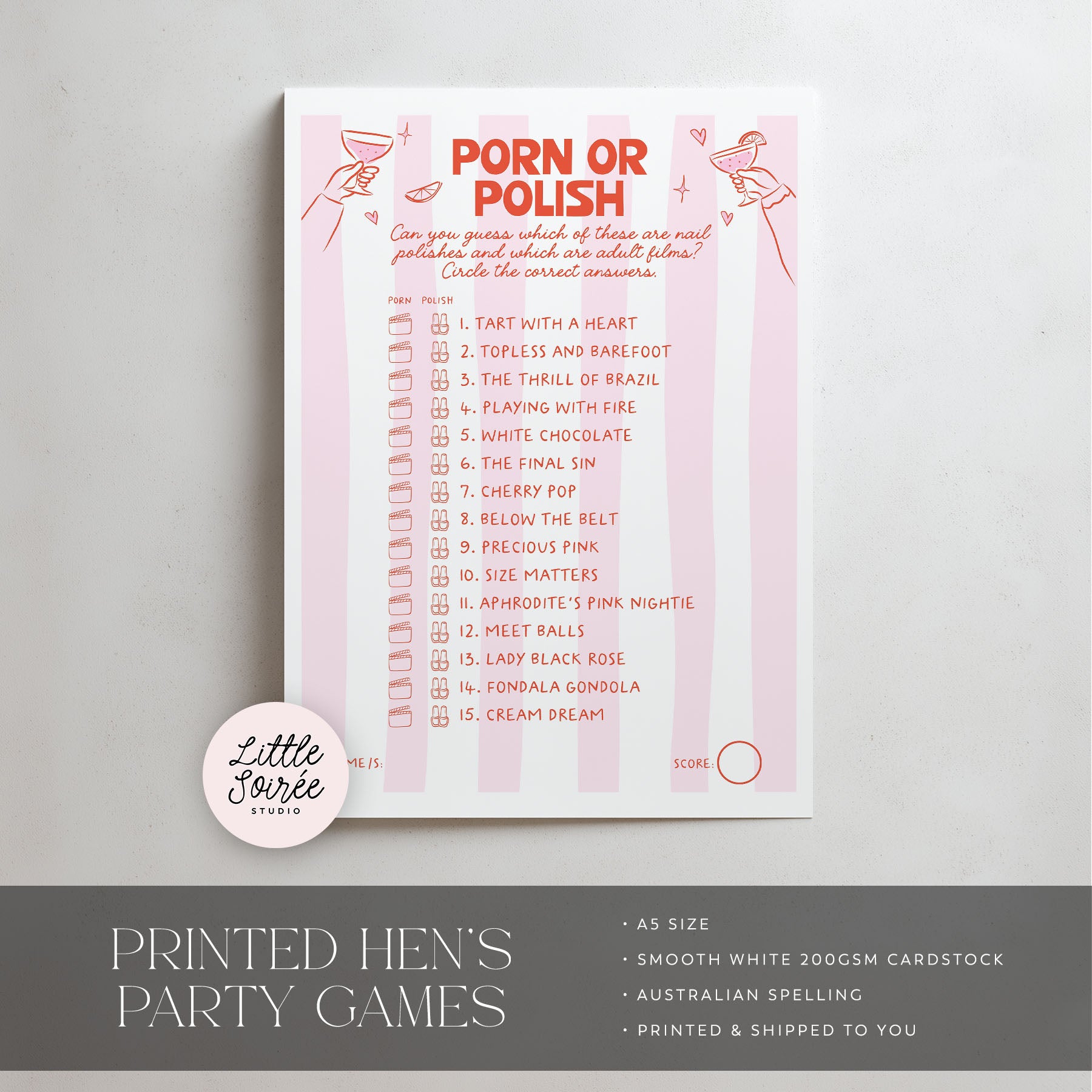A pink and white 'Porn or Polish' party game printed card shown on a light gray background, with a circular 'Little Soiree Studio' logo sticker and a dark gray banner at the bottom containing product details.