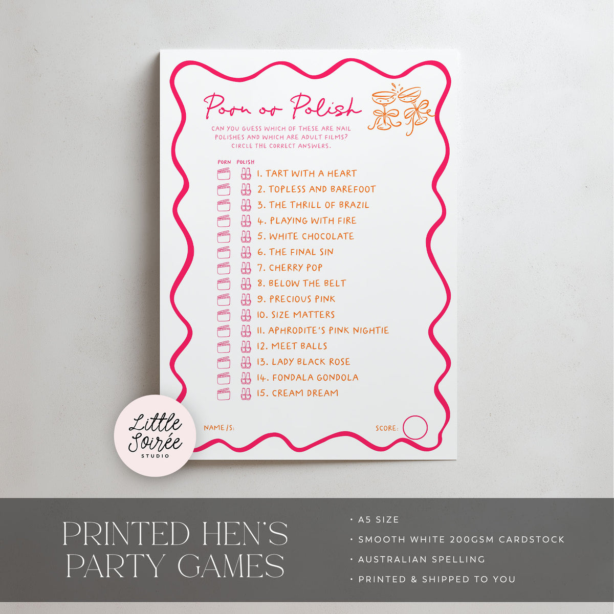 A printed party game card titled 'Porn or Polish' with a pink wavy border, listed questions, and a small 'Little Tarrie Studio' logo sticker, shown on a light background with a dark gray text banner at the bottom.