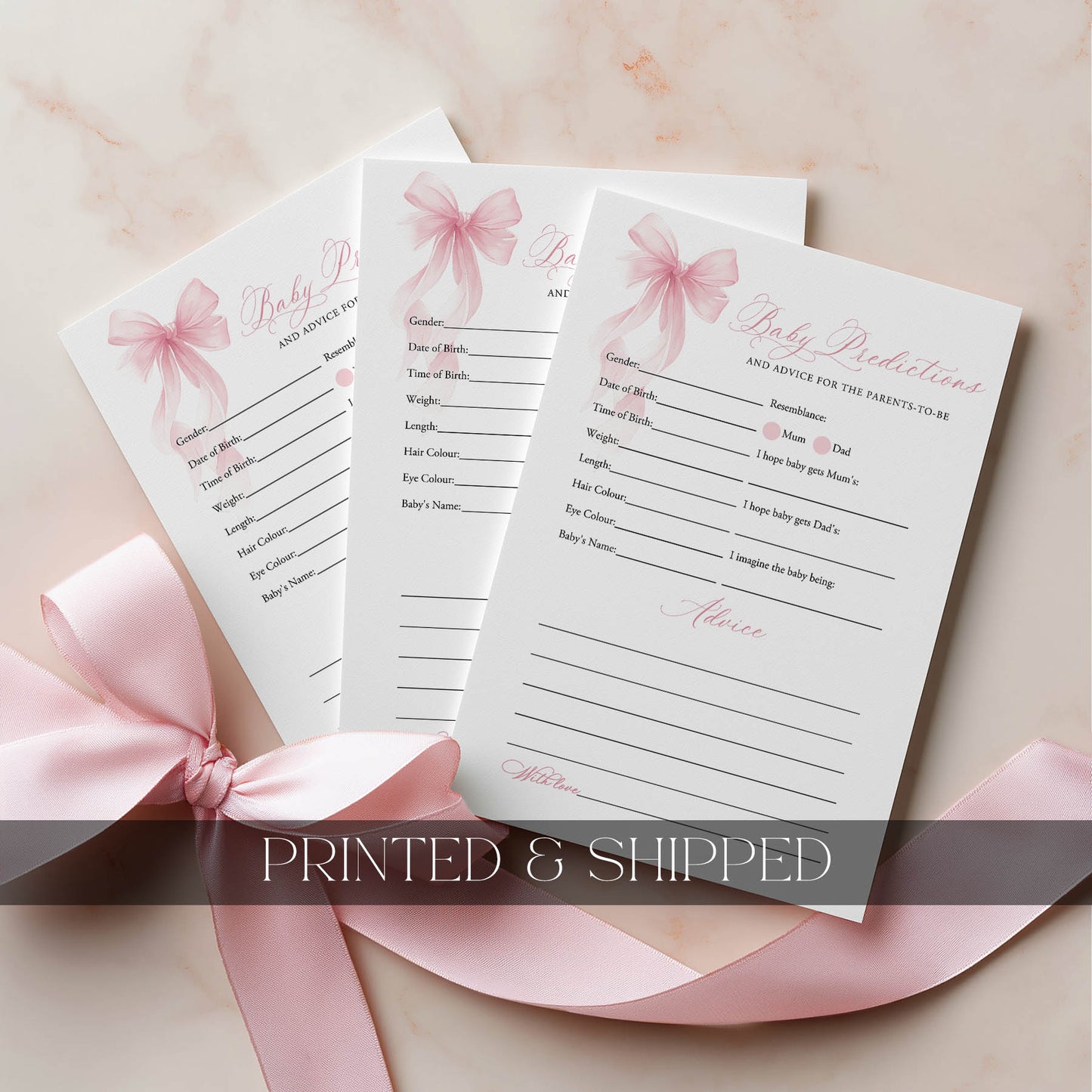 Printed Predictions & Advice Game – Pink Bow | Baby Shower Games Australia