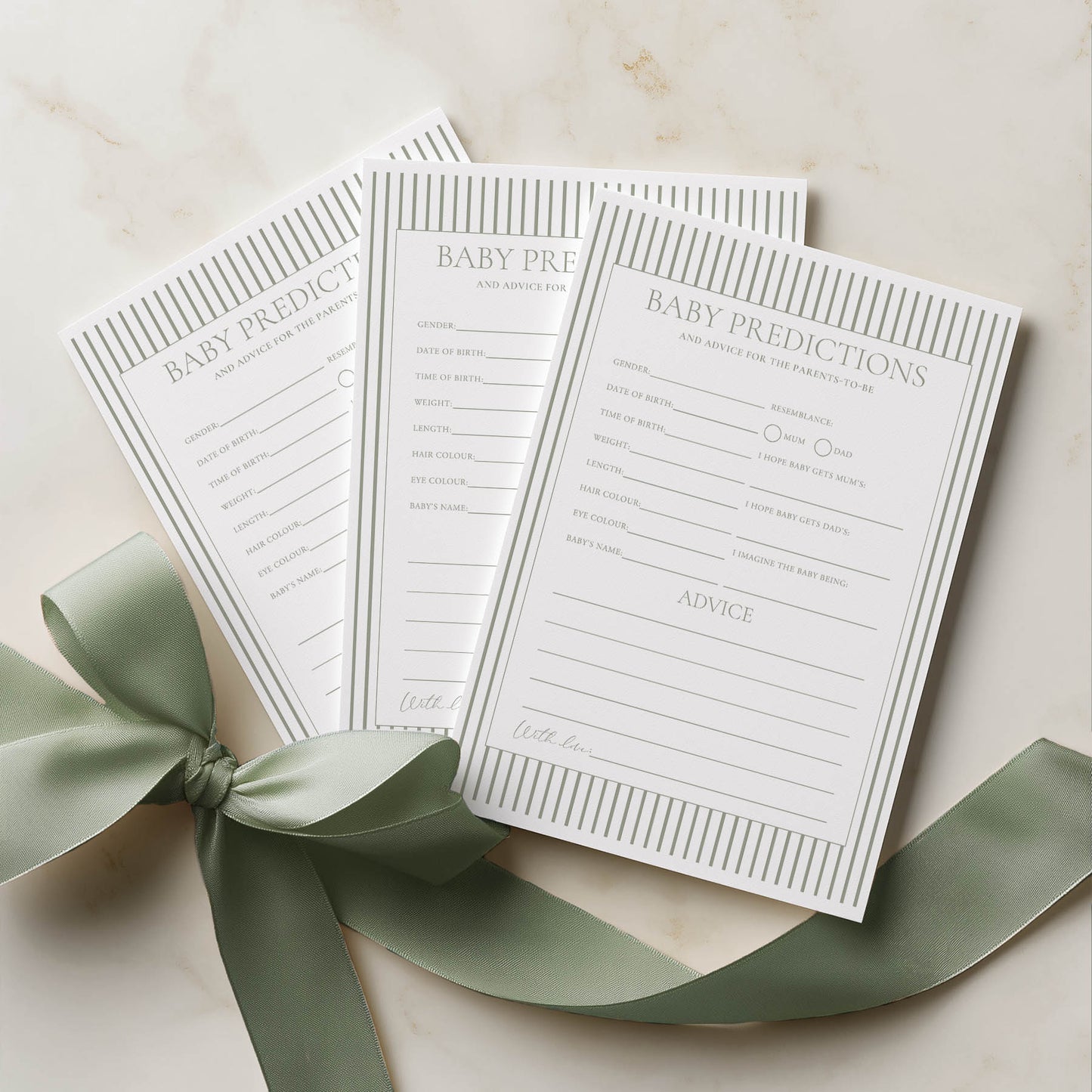 Printed Baby Shower Predictions & Advice Game –  Sage Green Minimalist Stripe | Baby Shower Games Australia