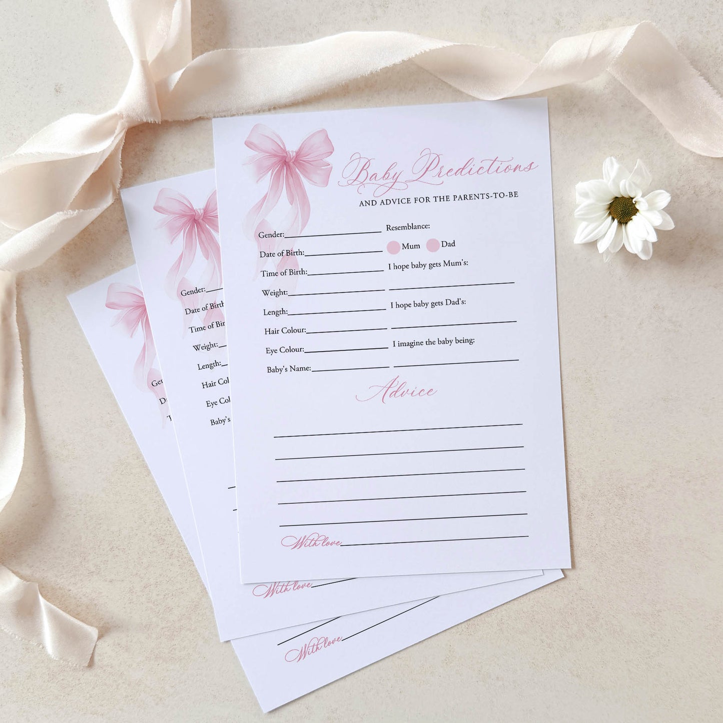 Printed Predictions & Advice Game – Pink Bow | Baby Shower Games Australia