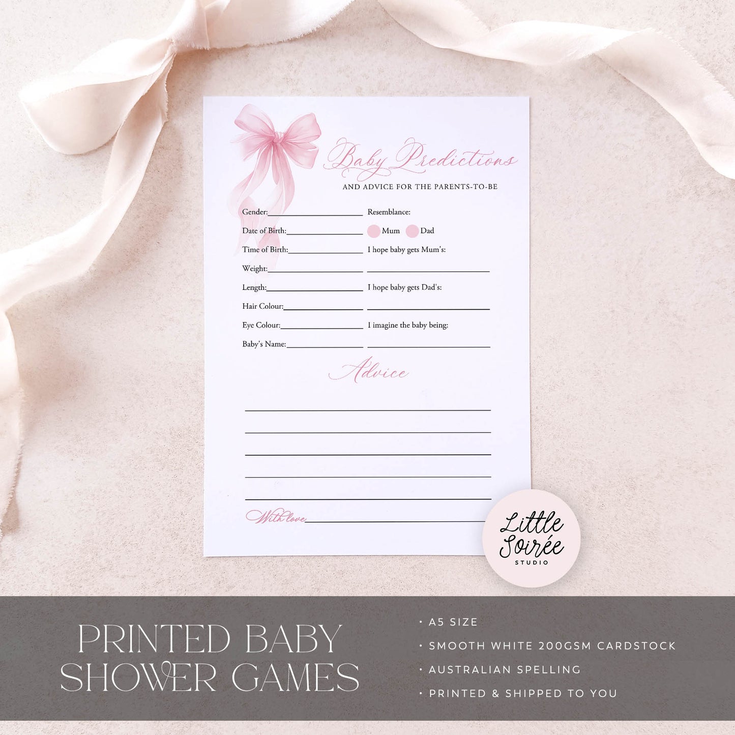 Printed Predictions & Advice Game – Pink Bow | Baby Shower Games Australia