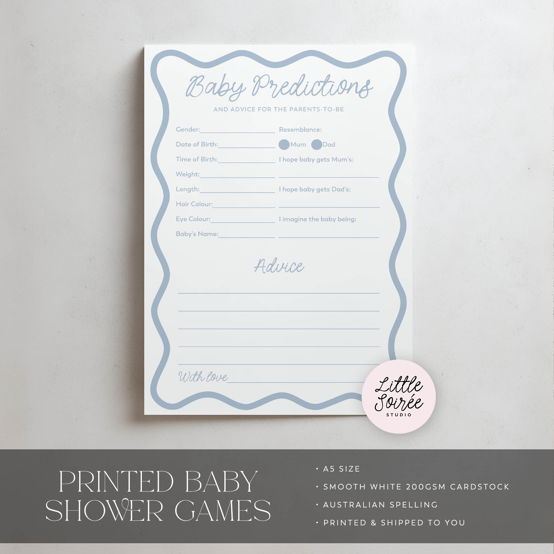 Blue wavy Baby shower game sheet with predictions and advice for parents to be, on a light gray background.