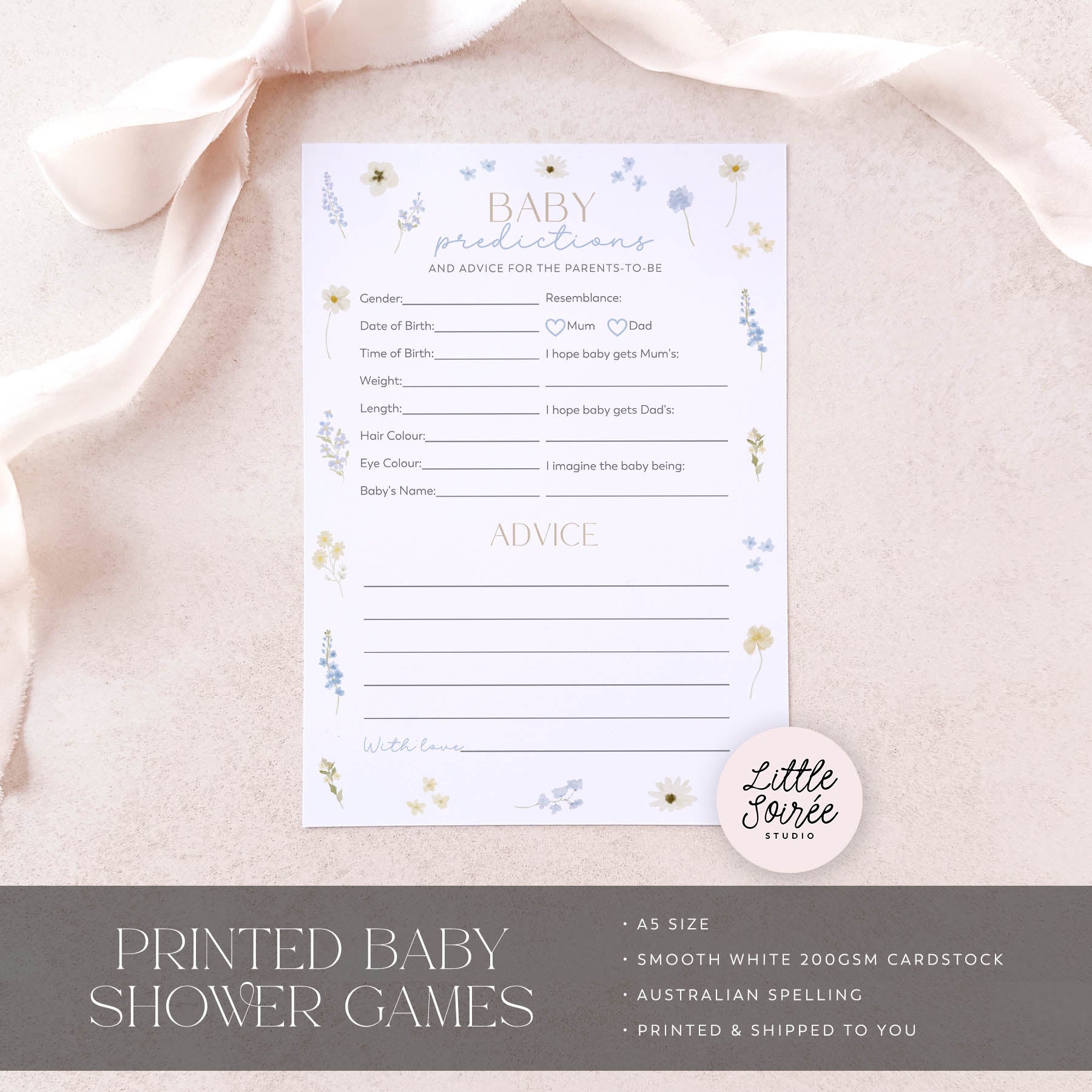 Baby shower game sheet on a textured surface with 'Little Souris Studio' branding.