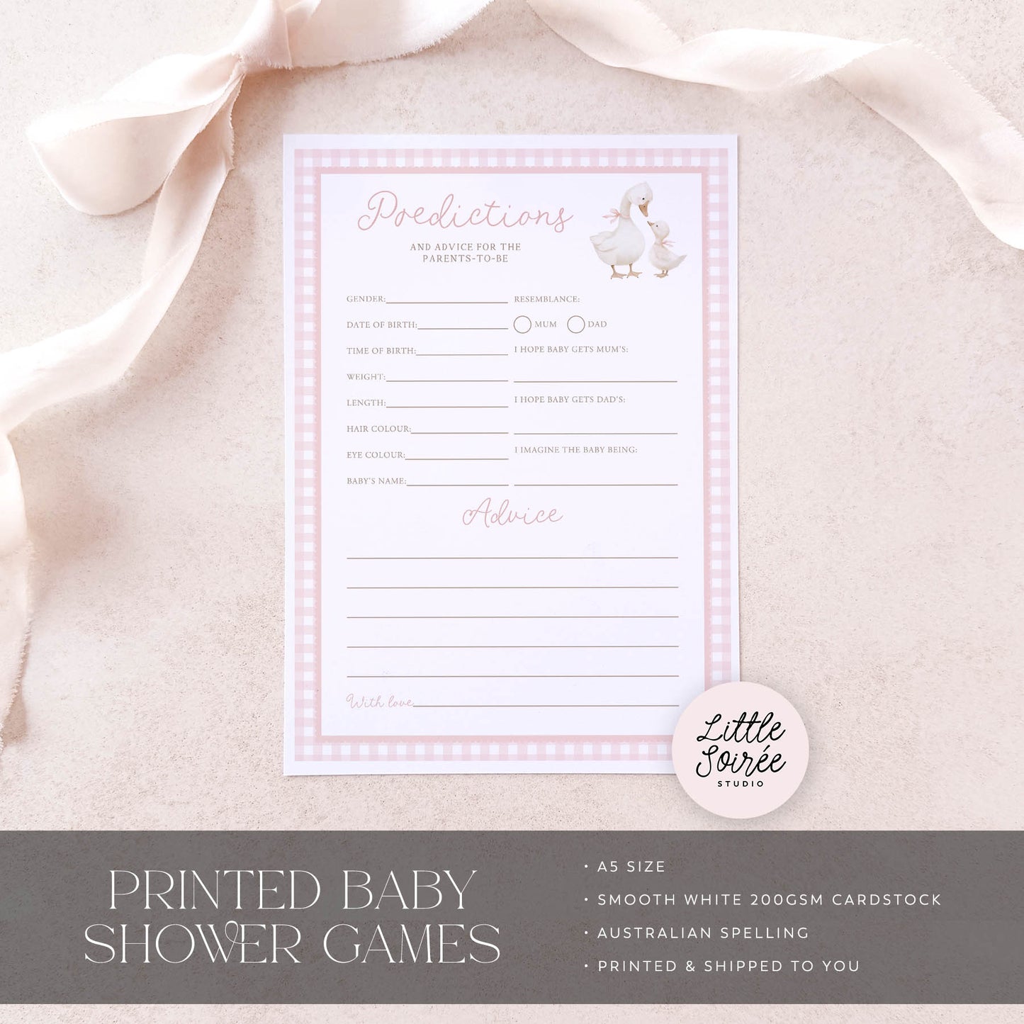 Printed Predictions & Advice Game – Pink Silly Goose | Baby Shower Games Australia