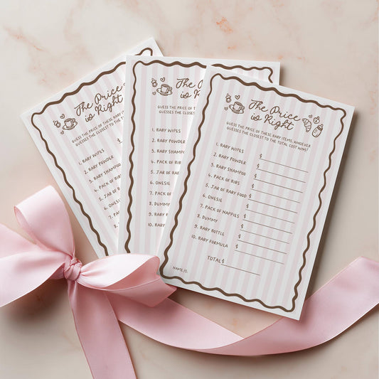 Two 'The Price is Right' game cards for a baby shower on a pink ribbon with a pink background.