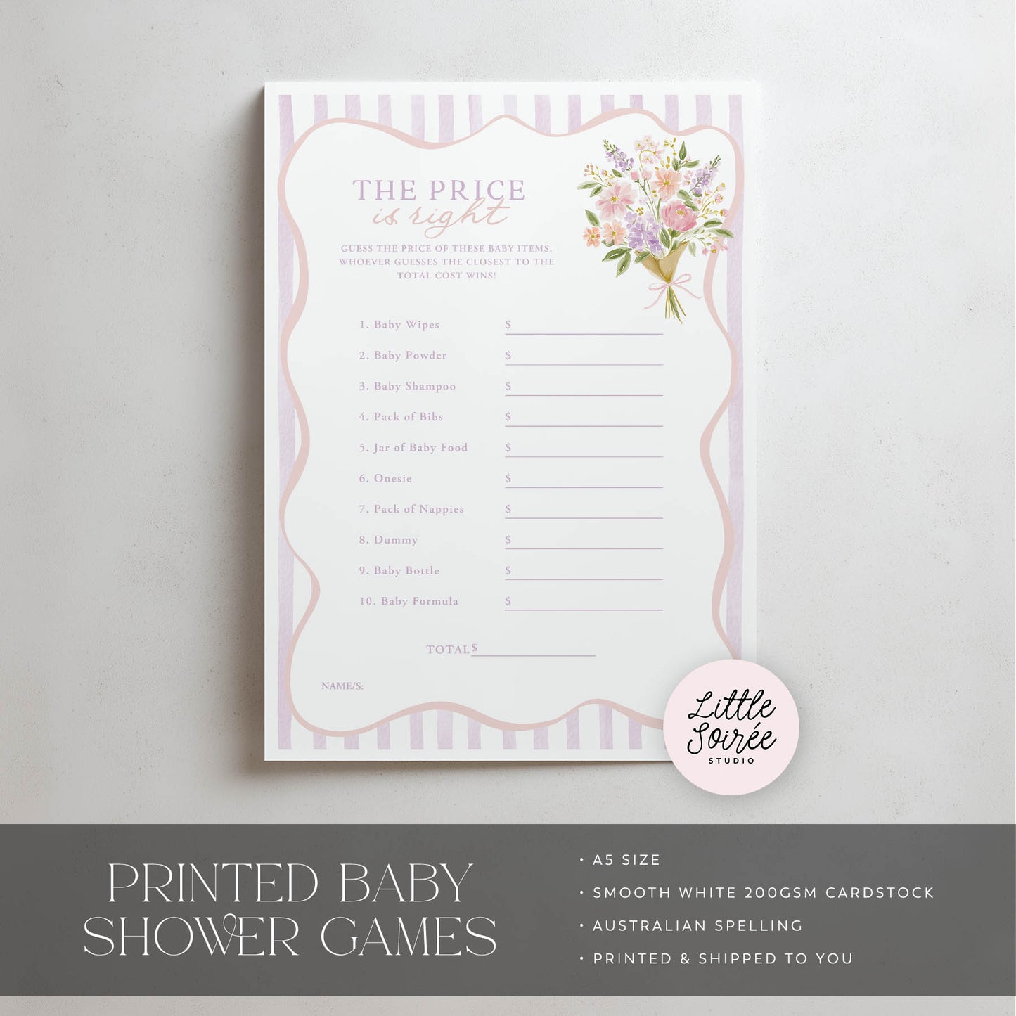Baby shower game sheet with floral design on a gray background