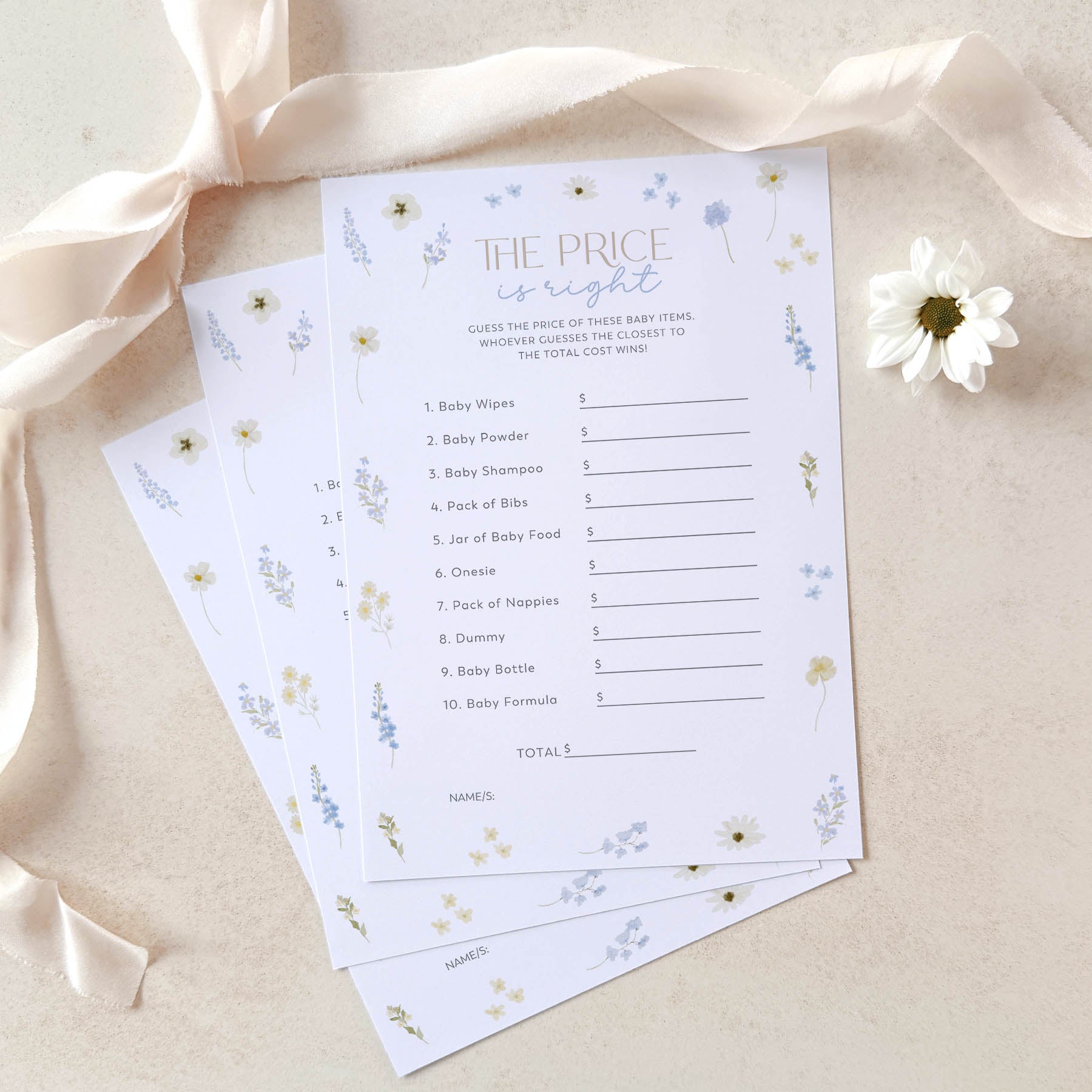 Game card titled 'The Price is Right' for a baby shower on a light background with ribbons and flowers.