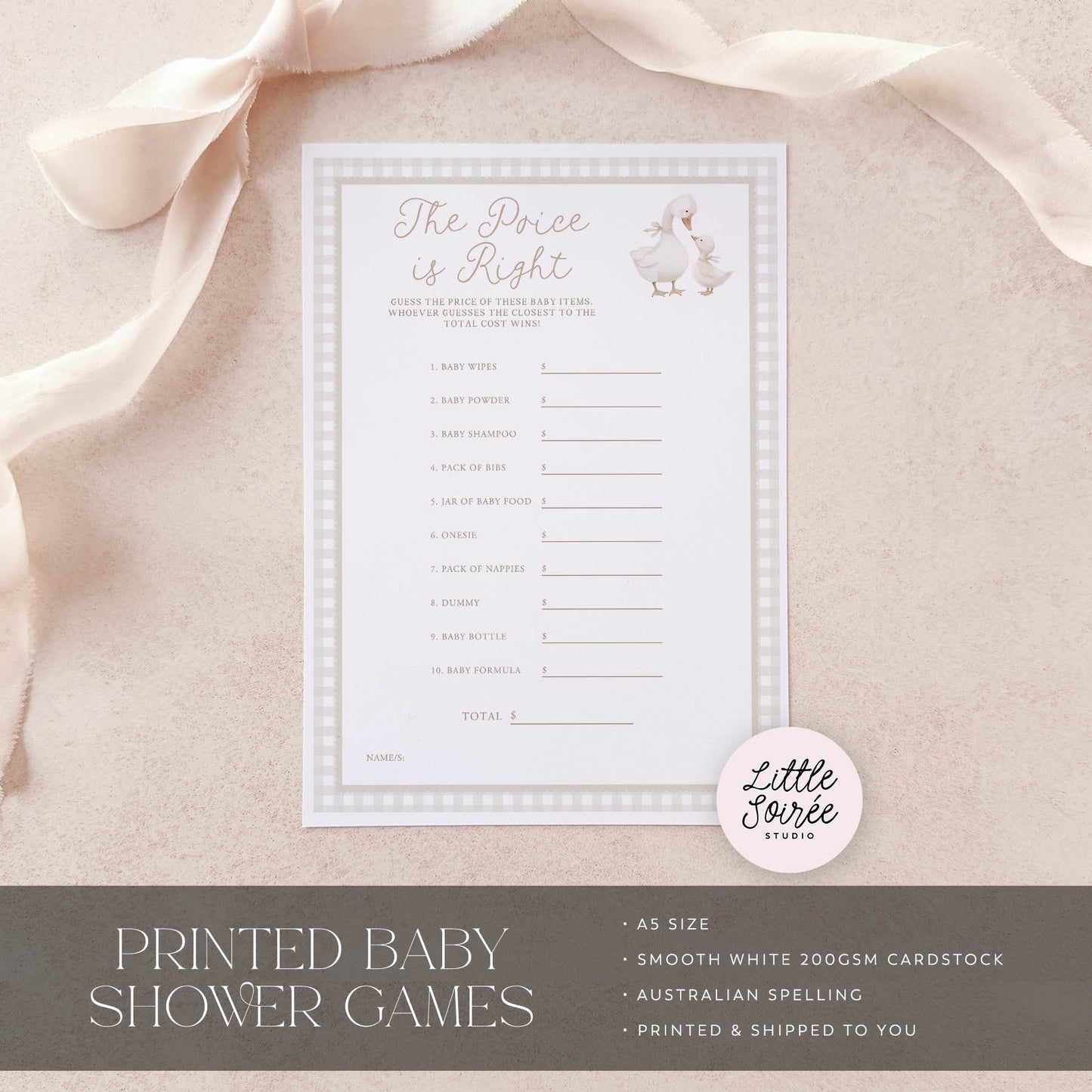 Printed Price is Right Baby Shower Game – Beige Silly Goose | Baby Shower Games Australia