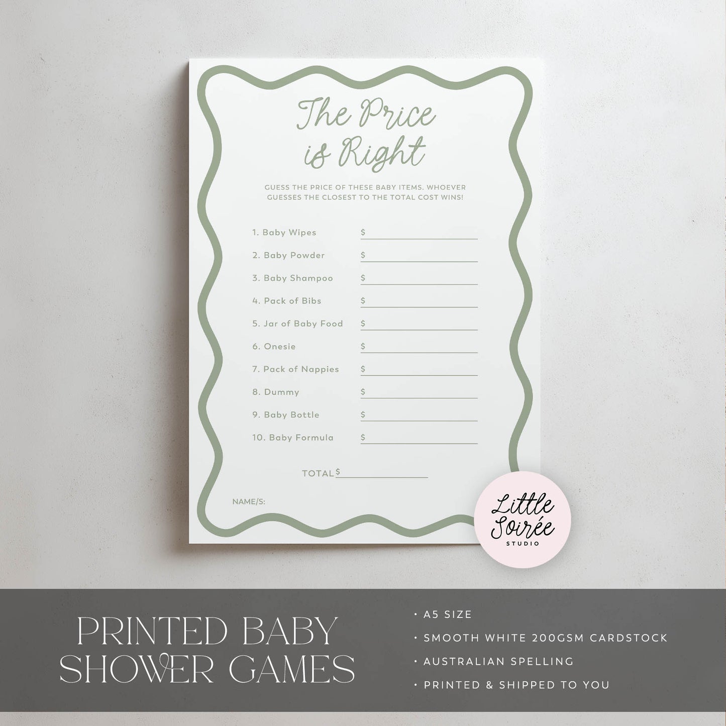 Baby shower game card titled 'The Price is Right' on a gray background with 'Little Soiree' branding.
