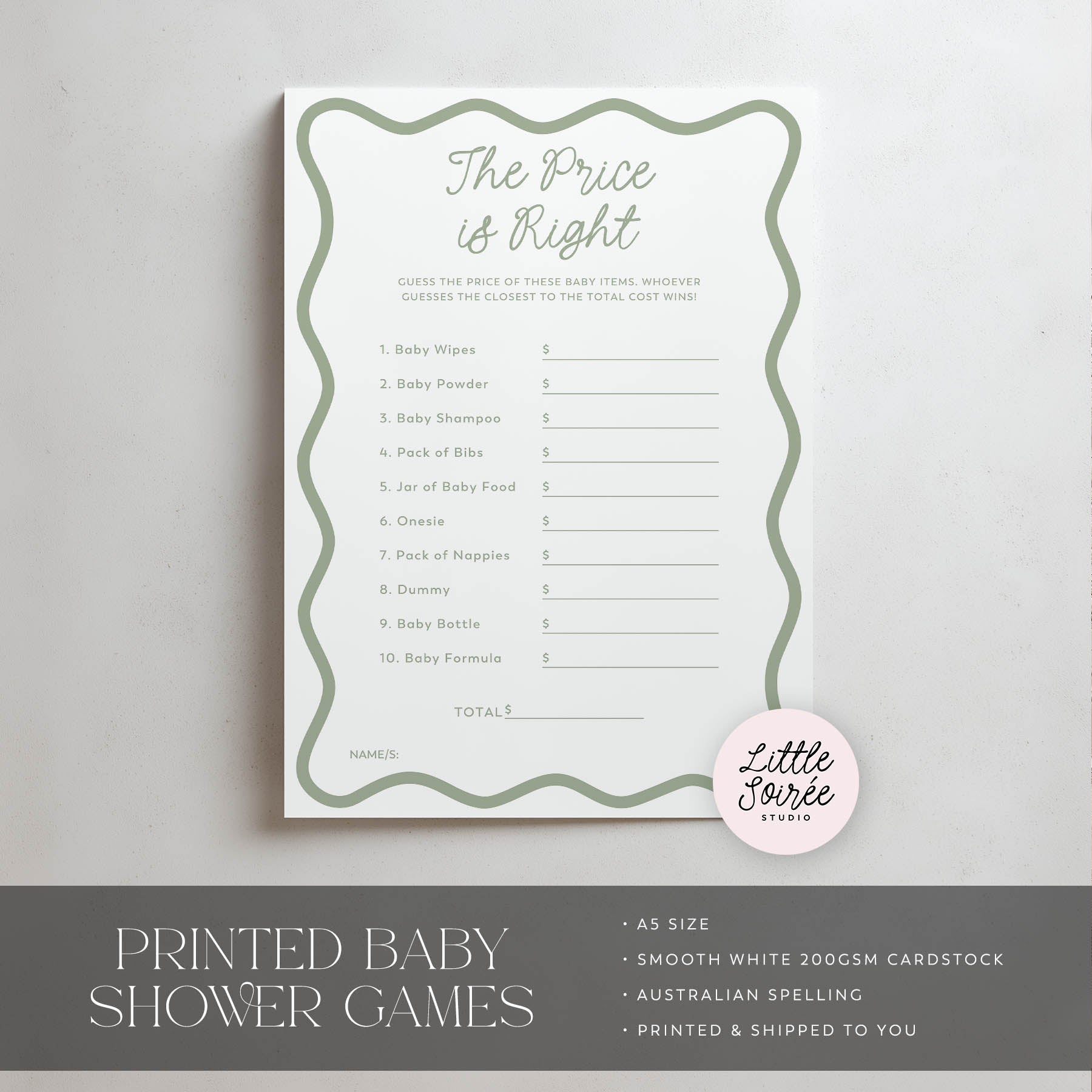 Baby shower game card titled 'The Price is Right' on a gray background with 'Little Soiree' branding.