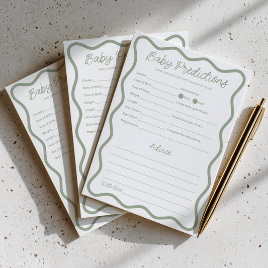 Printed Baby Shower Predictions & Advice Game – Green Wavy | Baby Shower Games Australia
