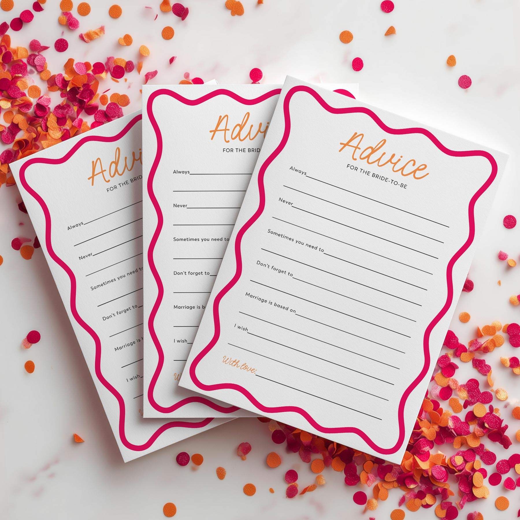 Three 'Advice for the Bride to Be' cards on a white background with colorful confetti.