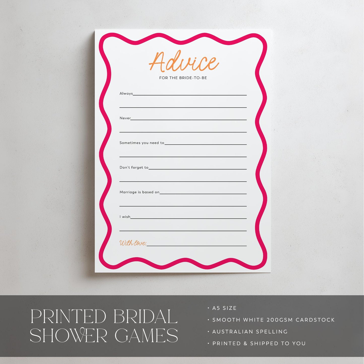 Bridal shower game card with pink border on a gray background