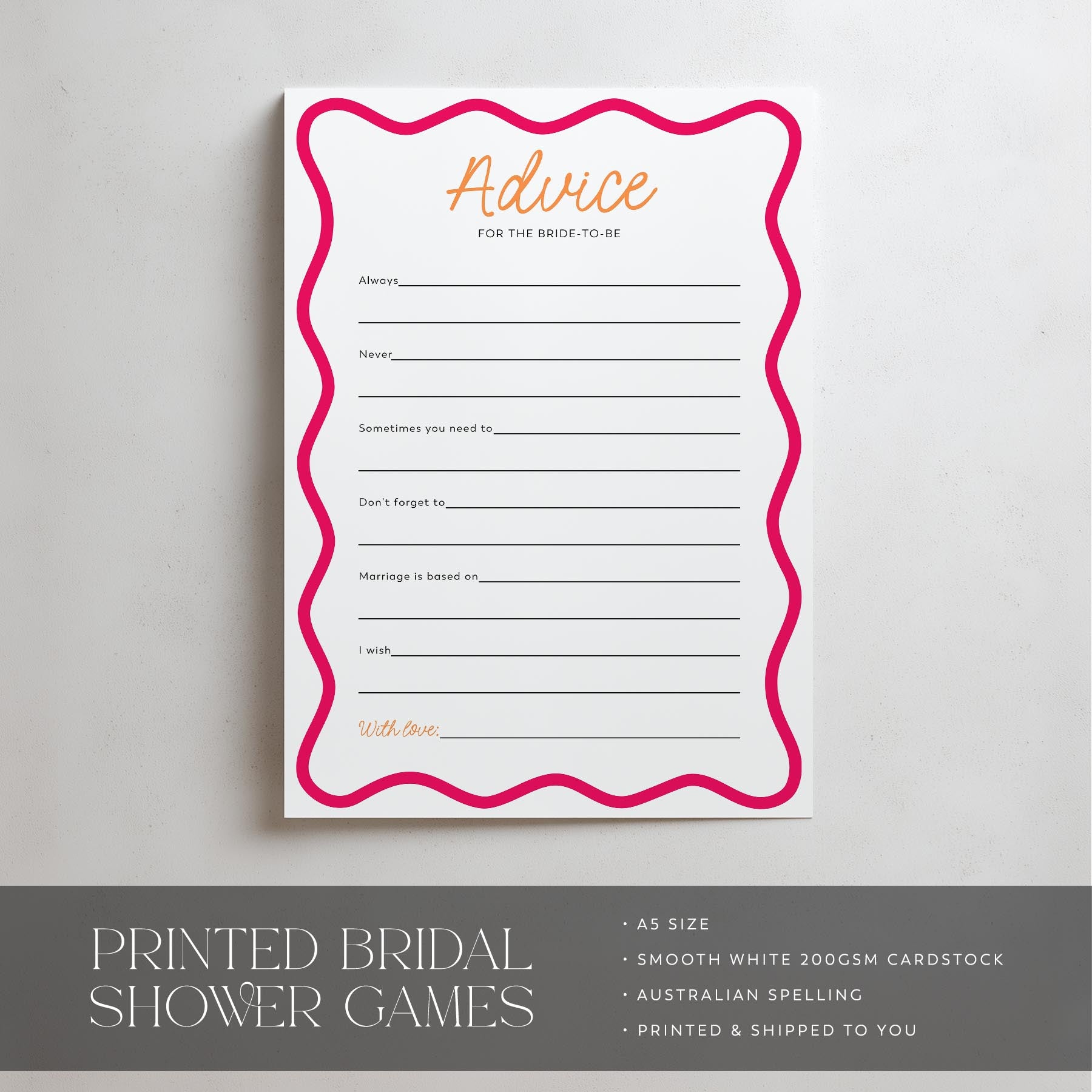 Bridal shower game card with pink border on a gray background