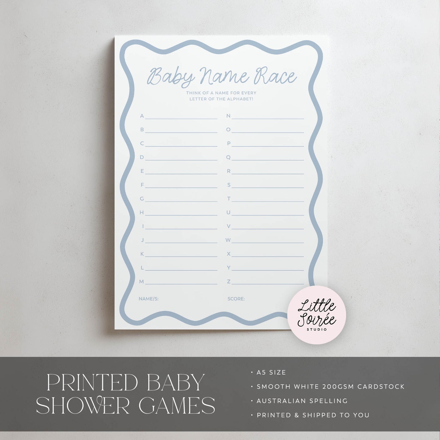 Baby name race game sheet with 'Little Soiree' branding on a gray background