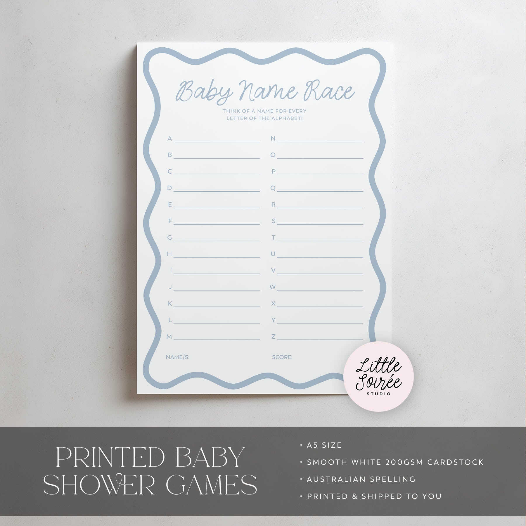 Baby name race game sheet with 'Little Soiree' branding on a gray background