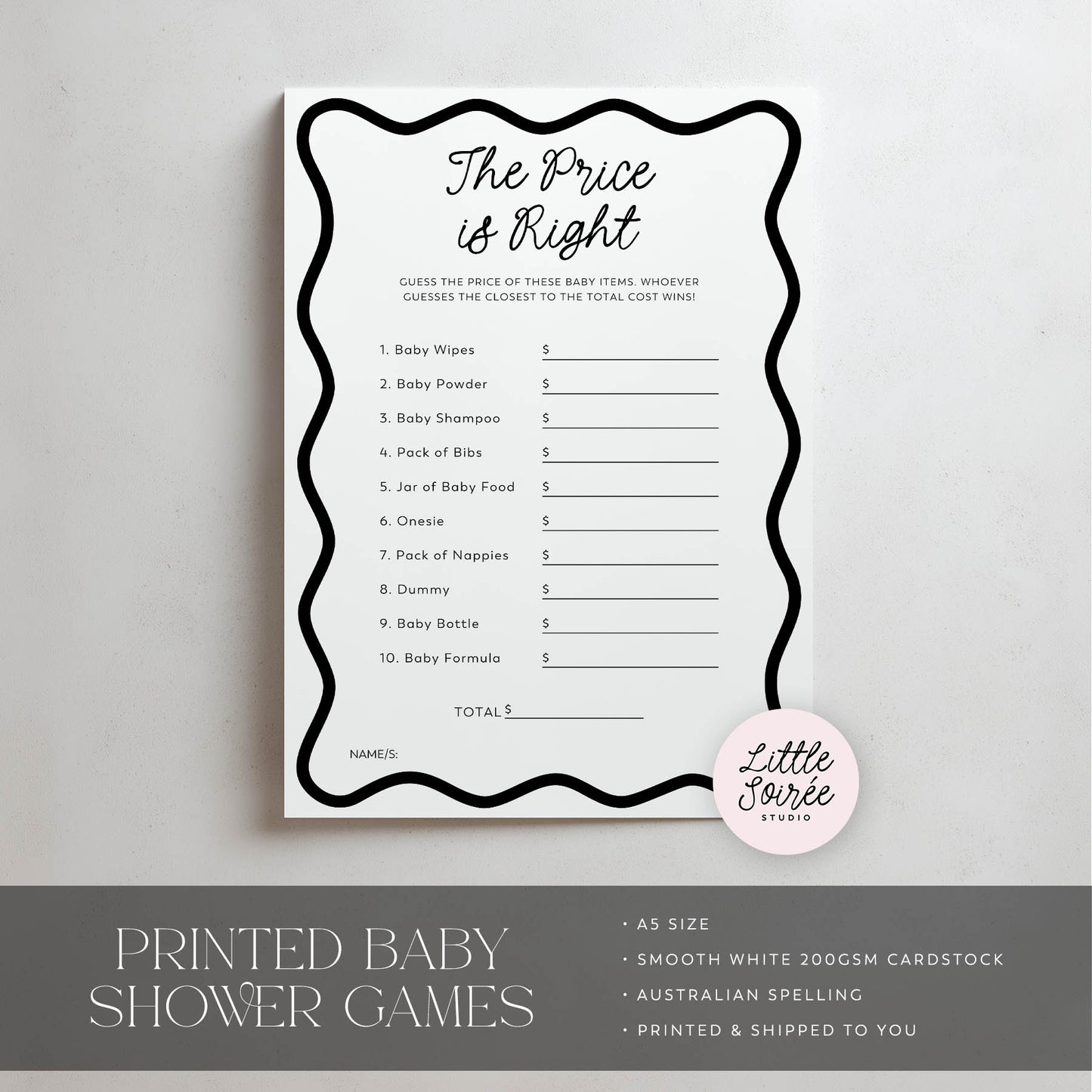 Baby shower game card titled 'The Price is Right' on a gray background with 'Little Soiree' branding.