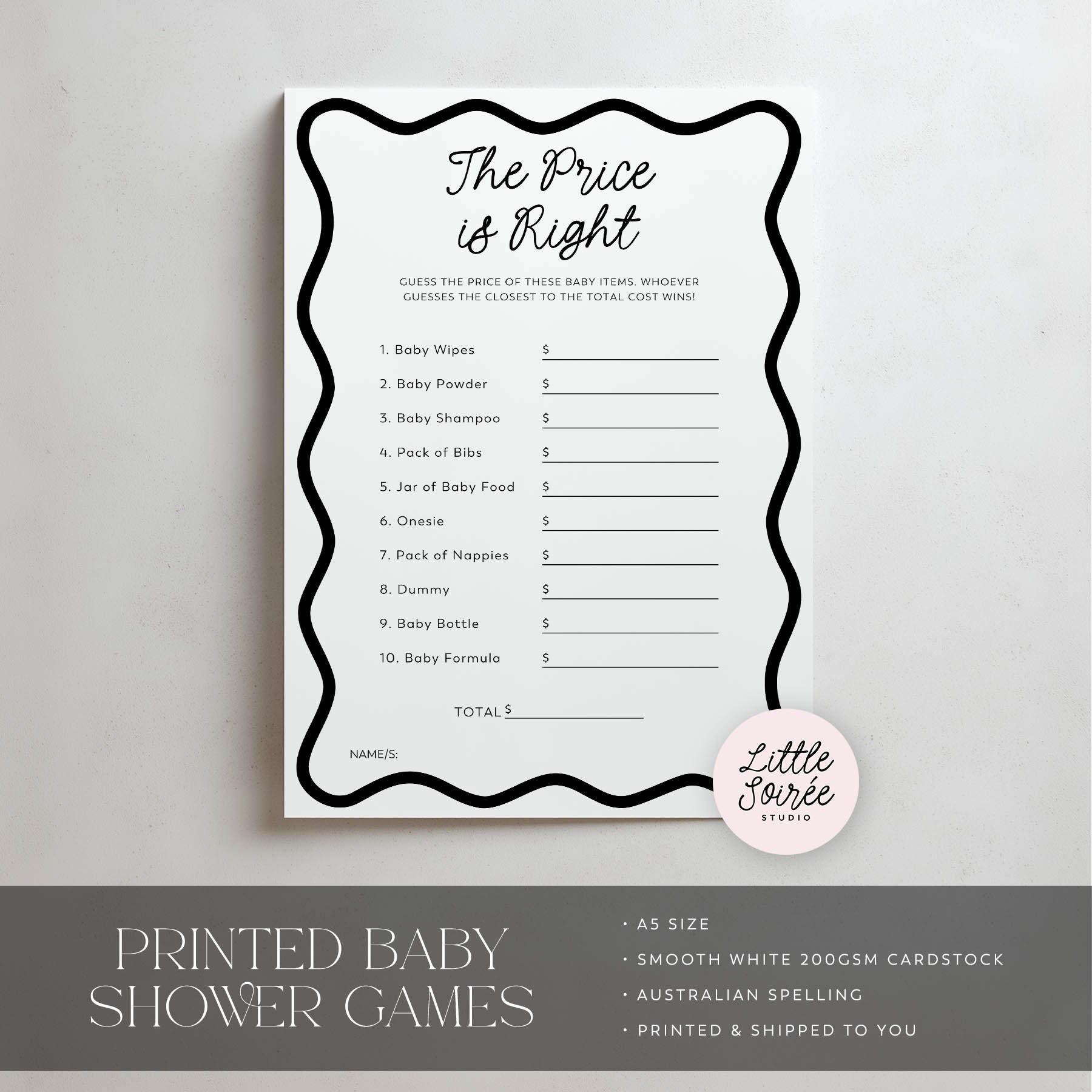 Baby shower game card titled 'The Price is Right' on a gray background with 'Little Soiree' branding.