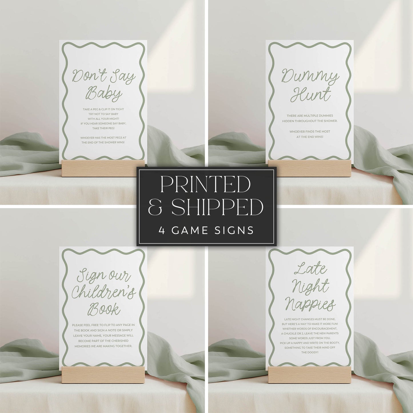 Set of four green wavy baby shower game signs on a neutral background with text.