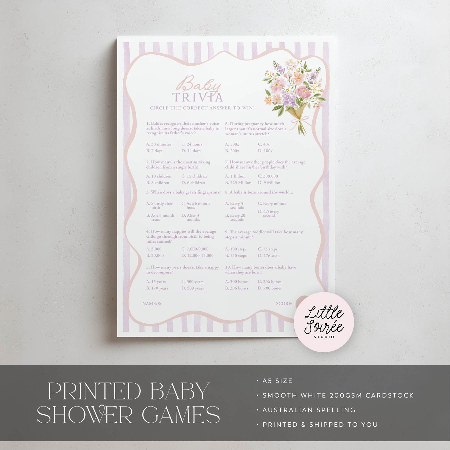Baby trivia game sheet with floral design on a gray background, featuring the brand 'Little Soiree'.